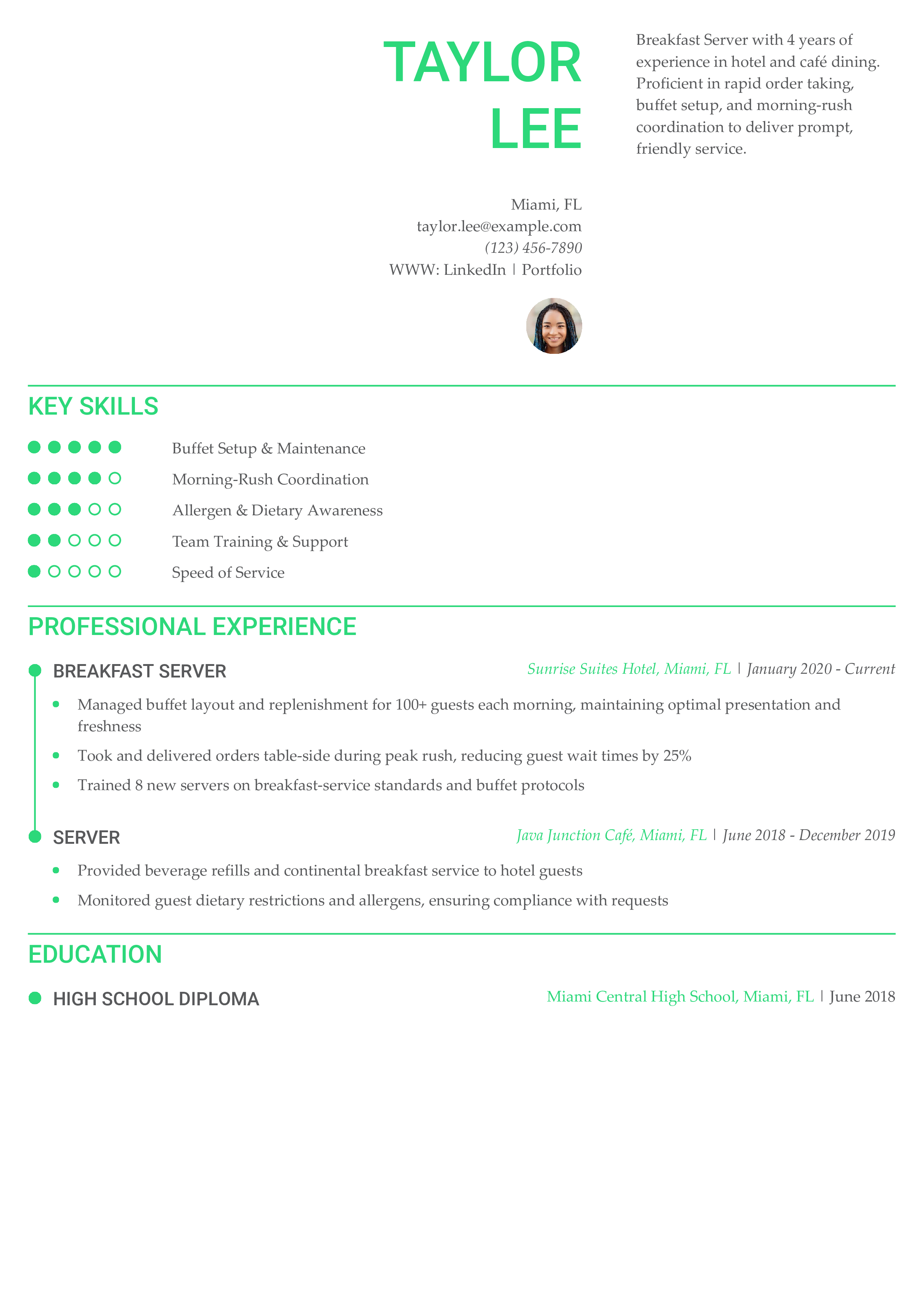 Breakfast Server Resume