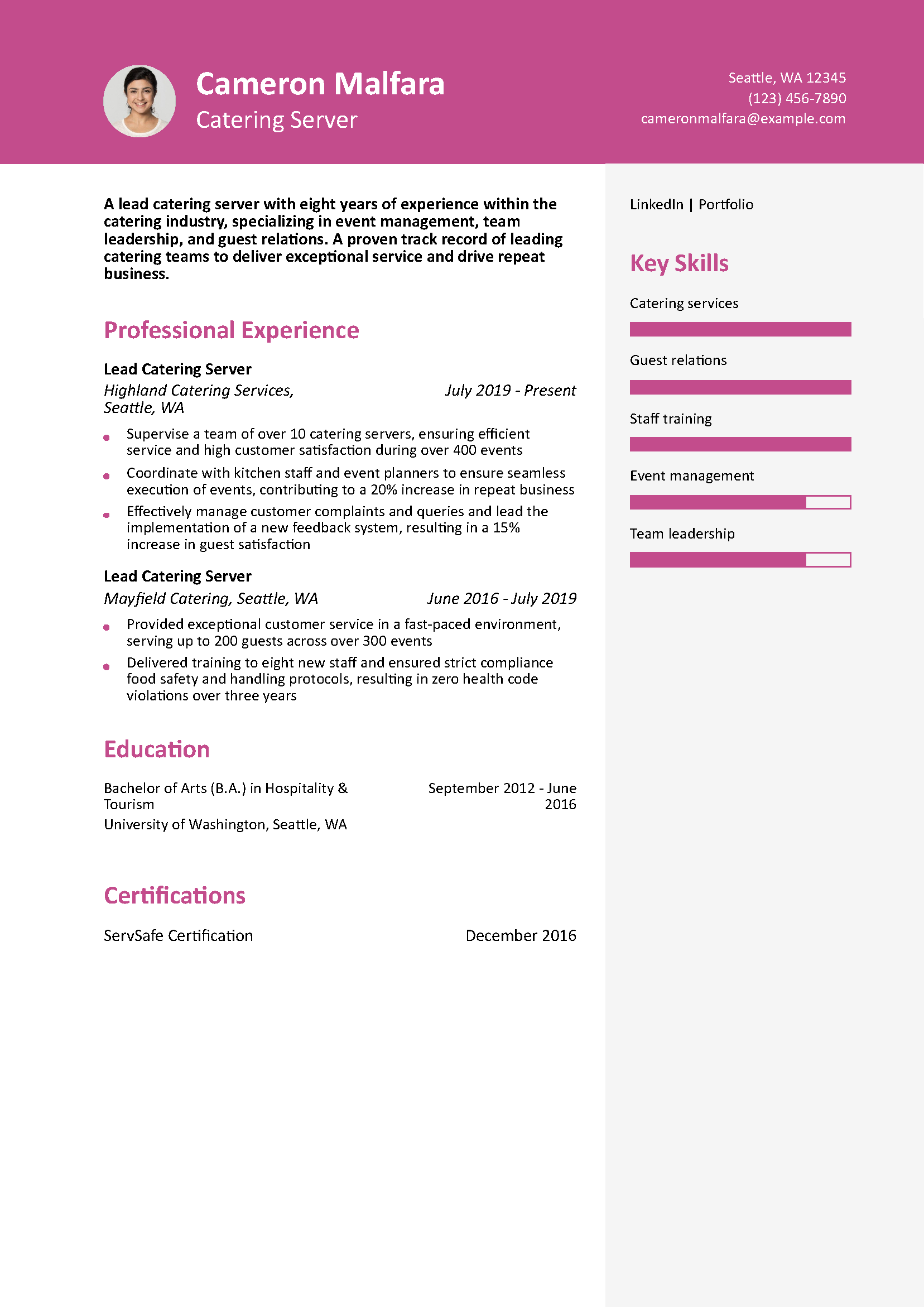 Catering Server Resume Example