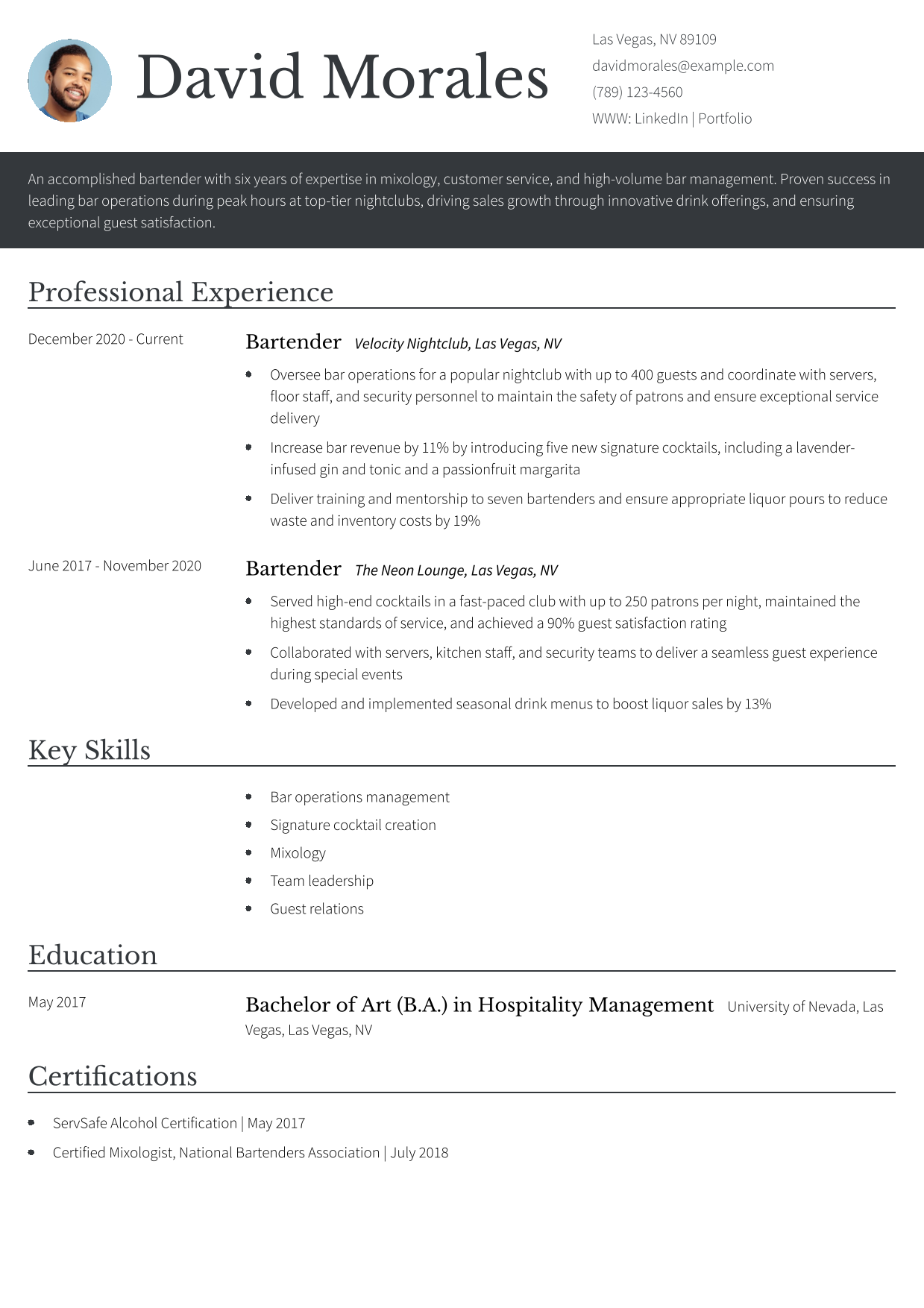 Club Bartender Resume Example