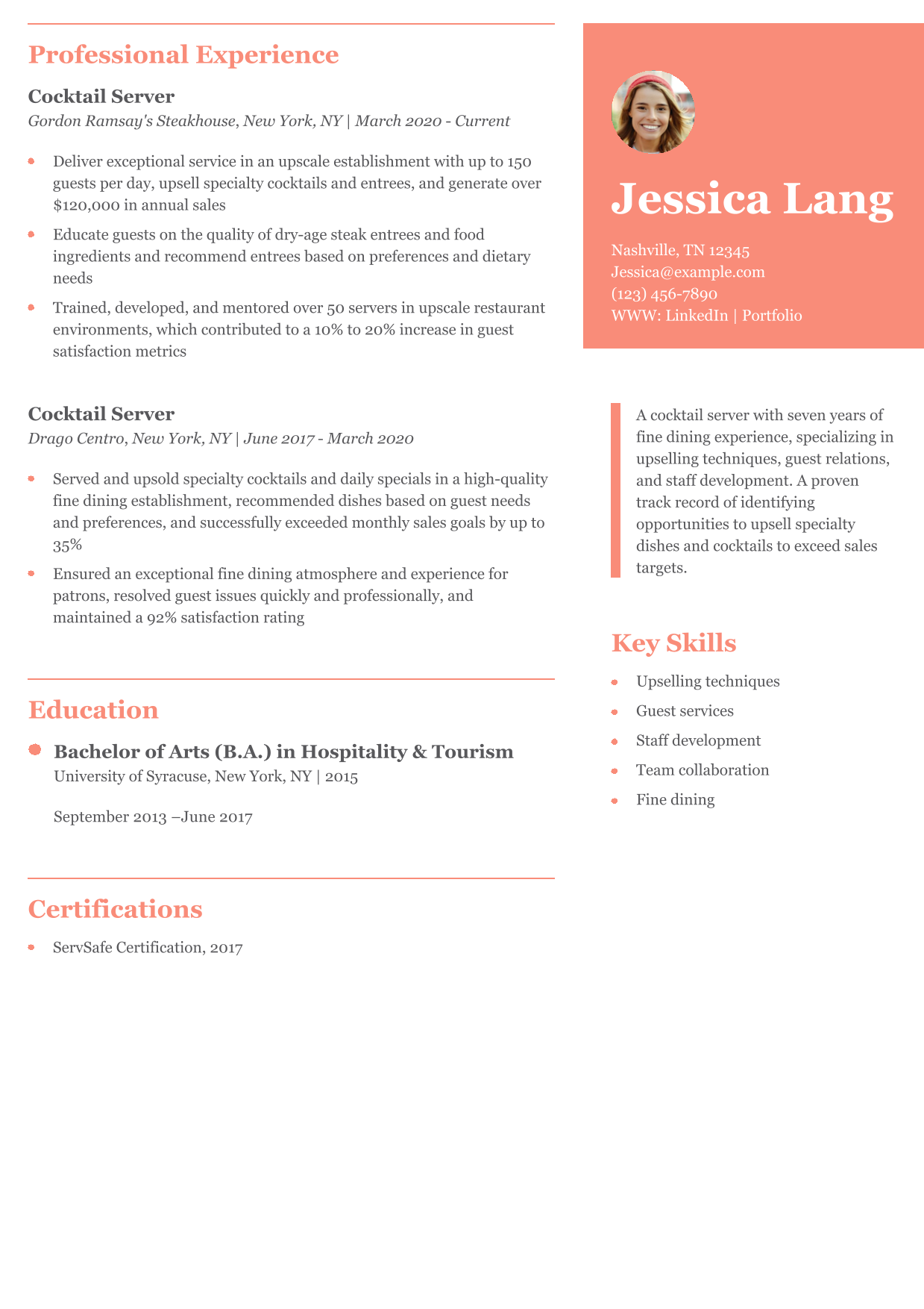 Cocktail Server Resume Example