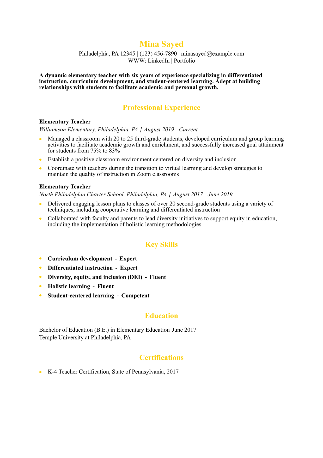 Elementary Teacher Resume Example
