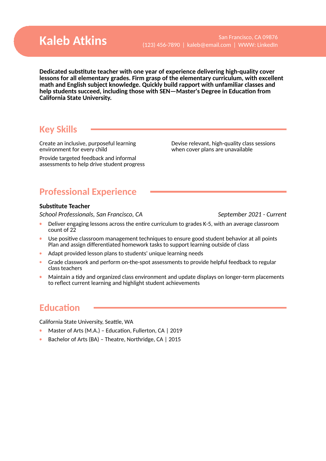 Entry-Level Substitute Teacher Resume Example