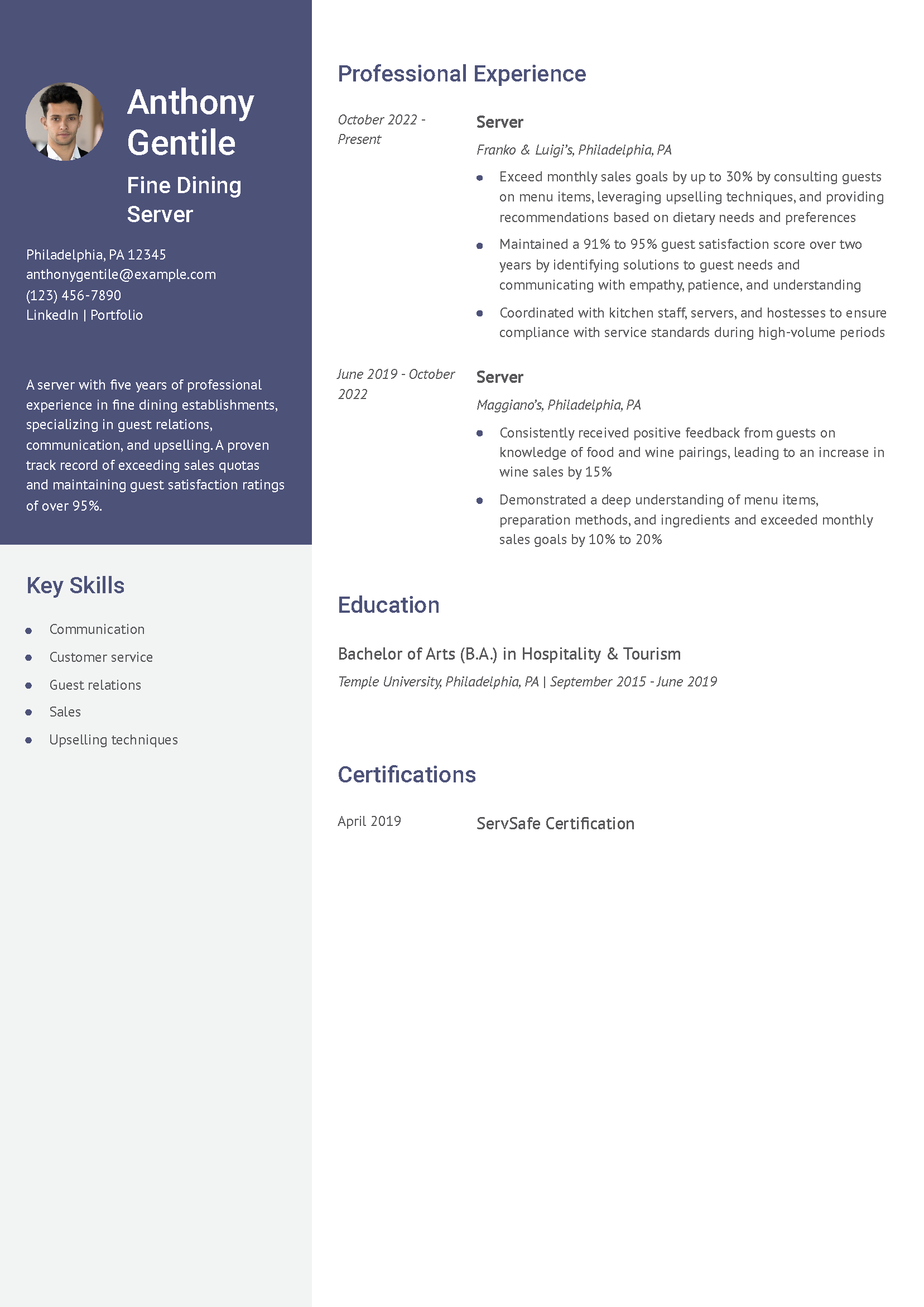 Fine Dining Server Resume Example
