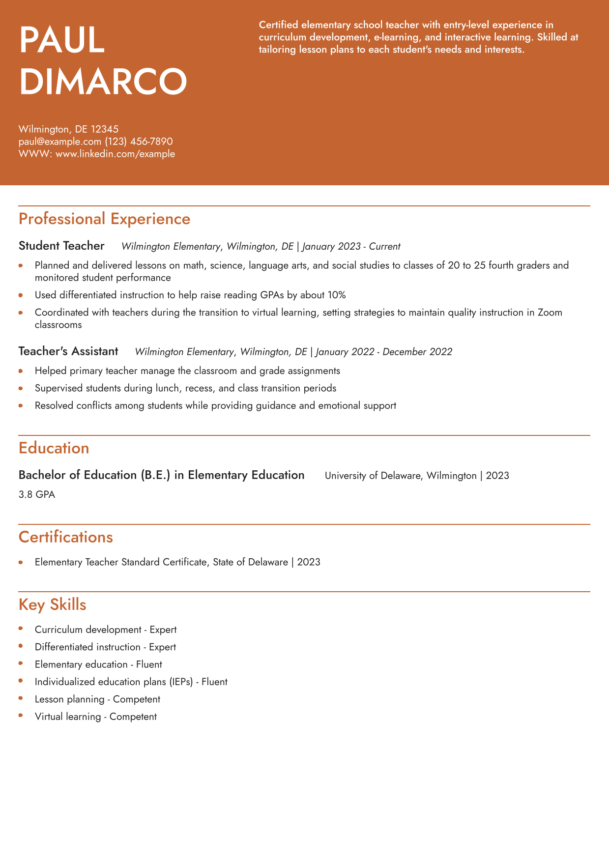 First-year Teacher Resume Example