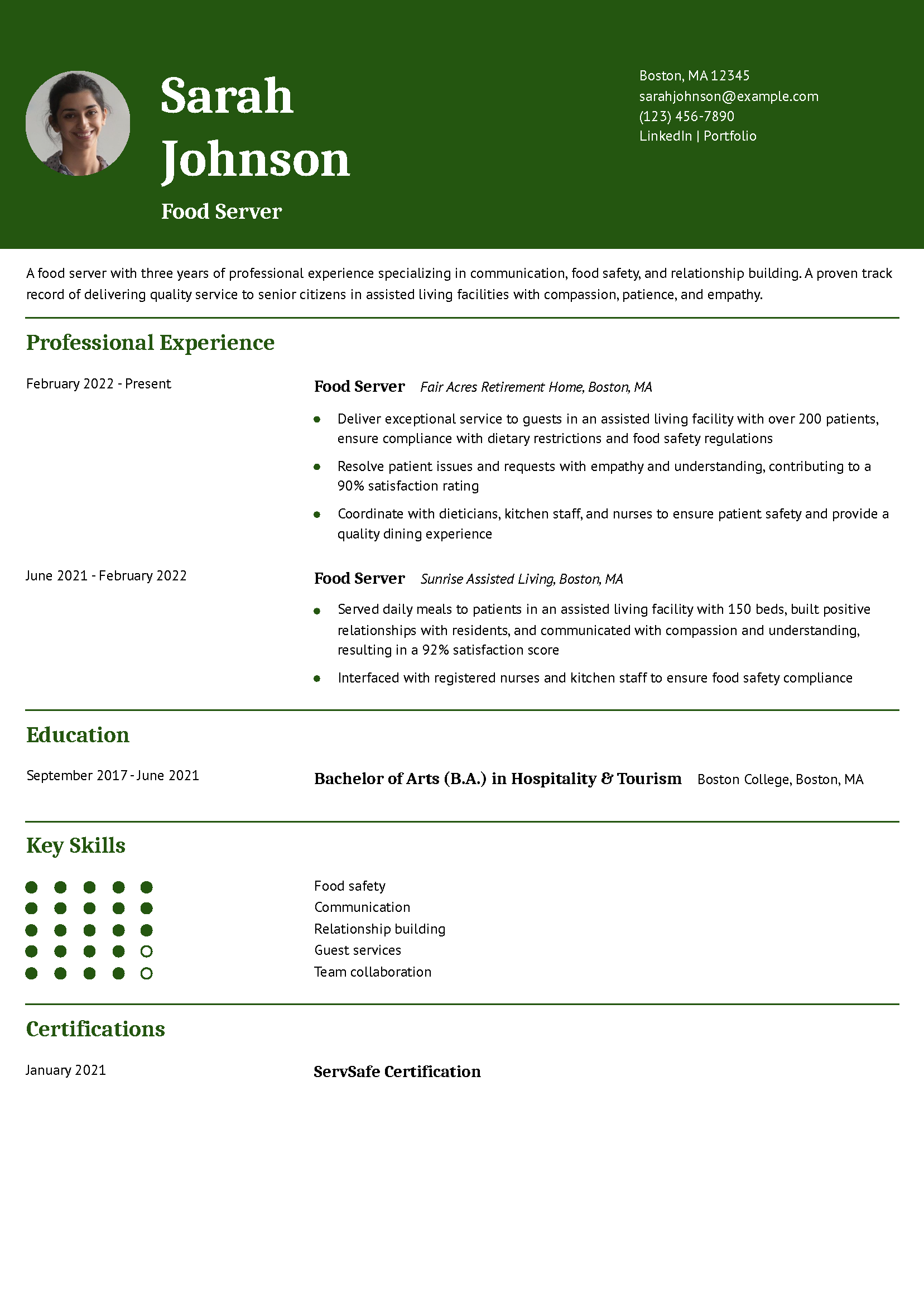 Food Server Resume Example