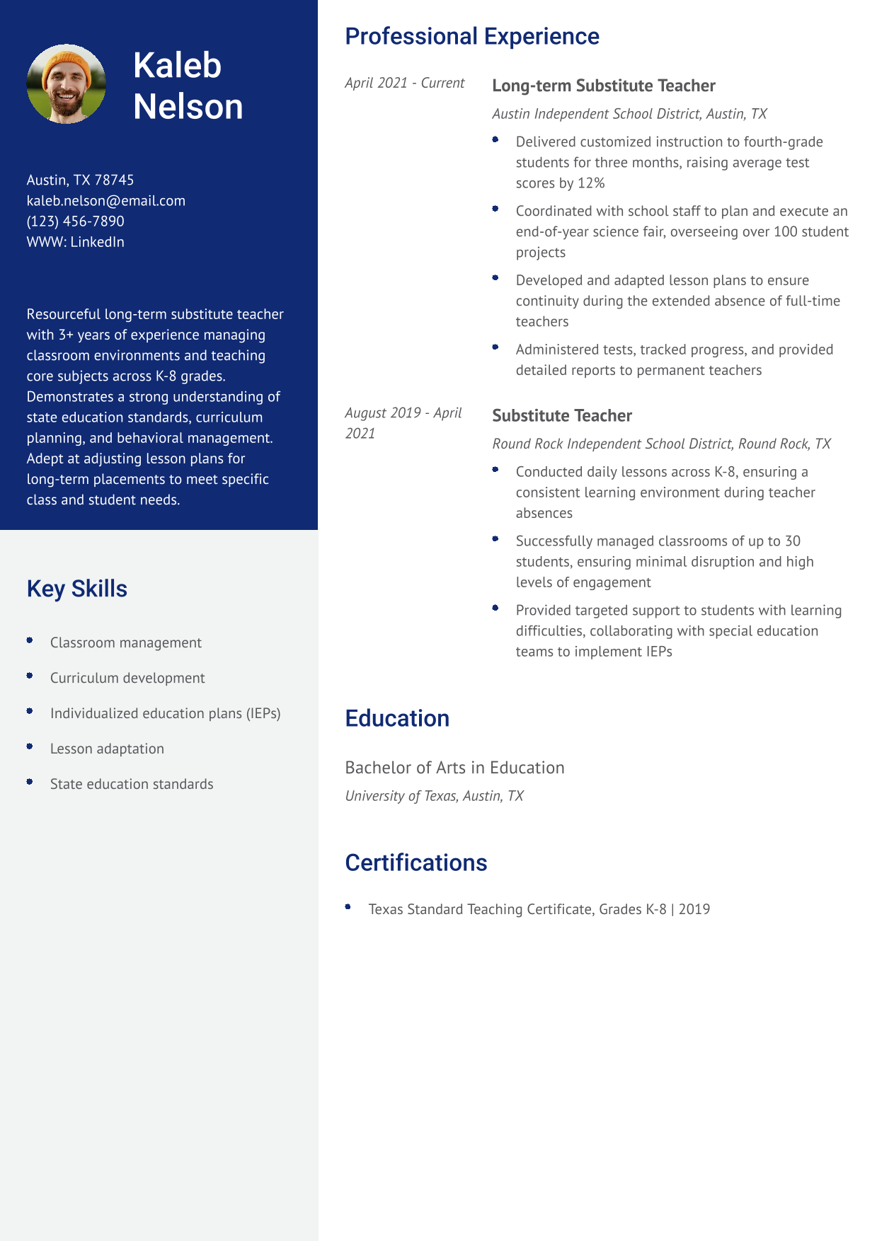 Long-Term Substitute Teacher Resume Example