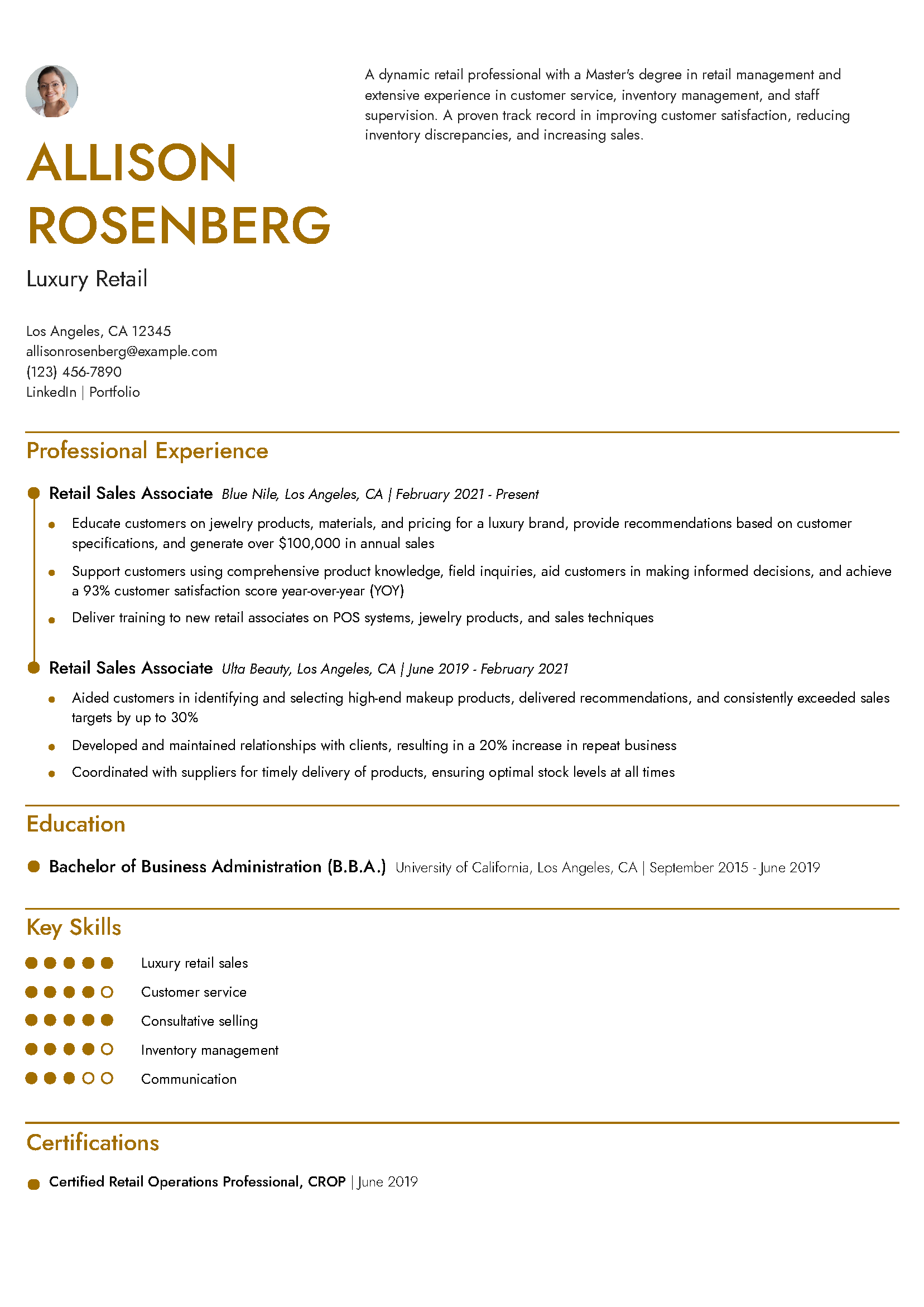 Luxury Retail Resume
