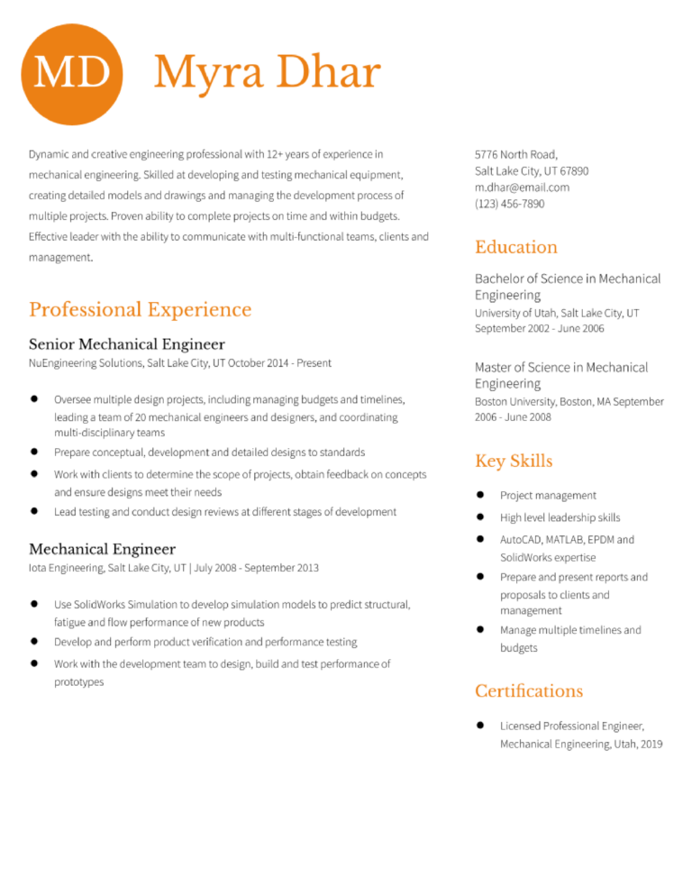 Mechanical Engineer Resume Example