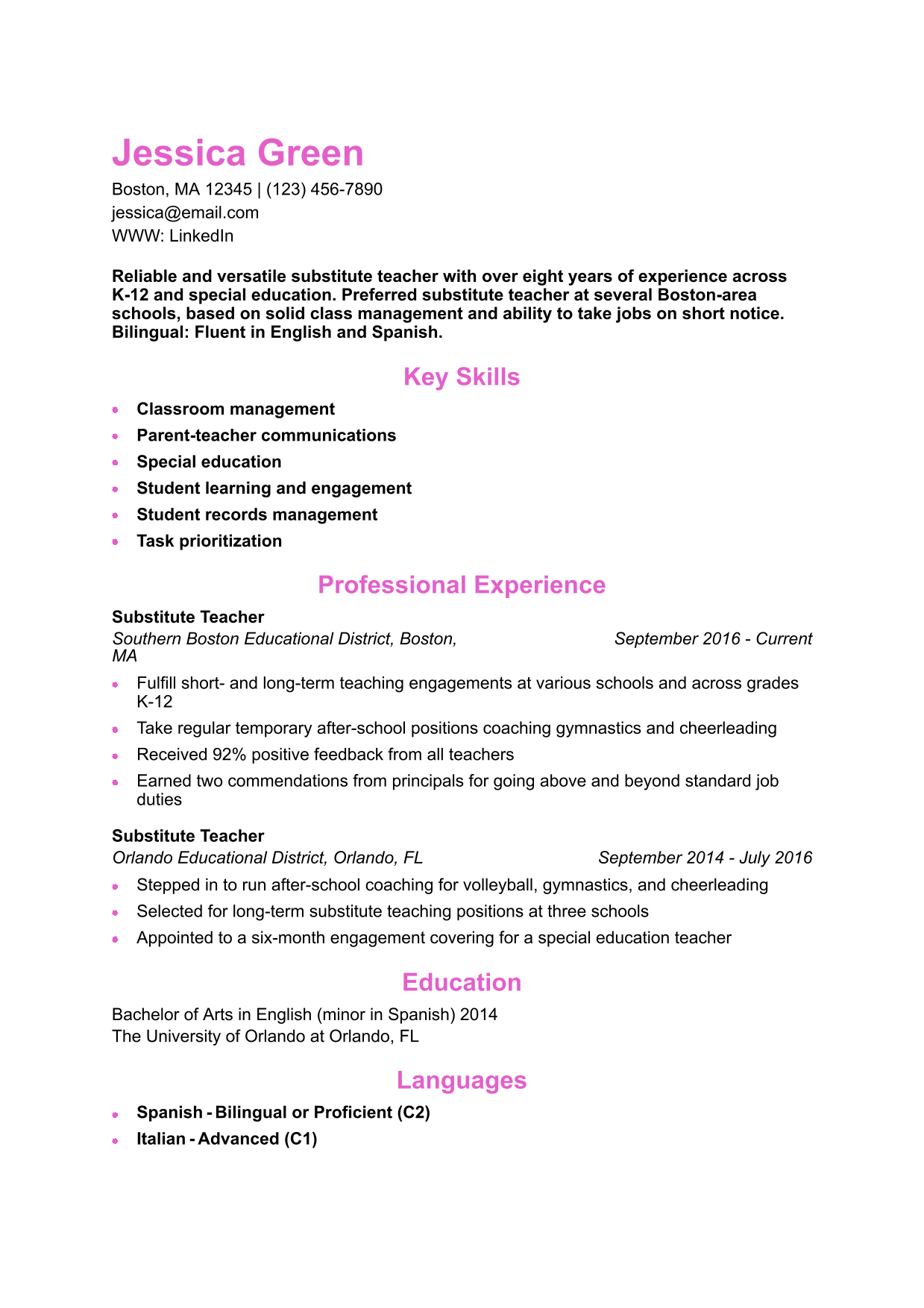 Mid-Career Substitute Teacher Resume Example