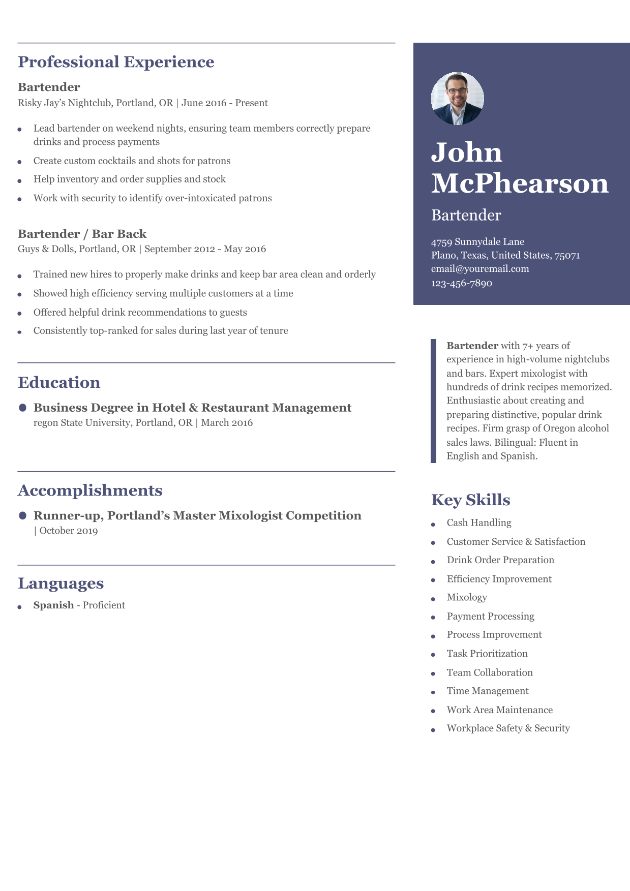 Mid-Level Bartender Resume Example