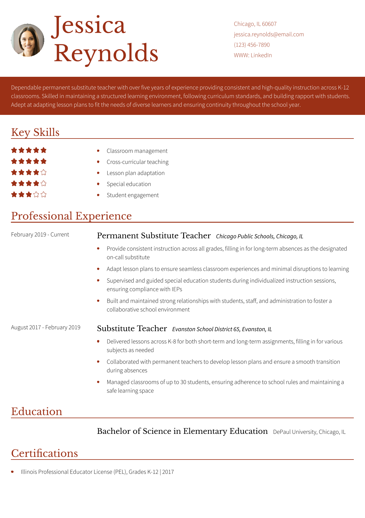 Permanent Substitute Teacher Resume Example