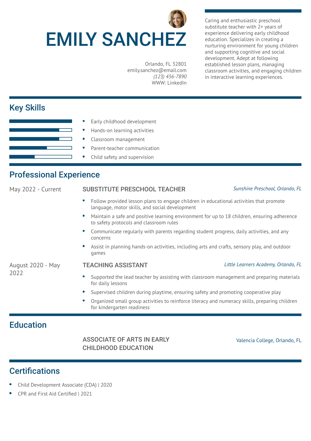 Preschool Substitute Teacher Resume Example