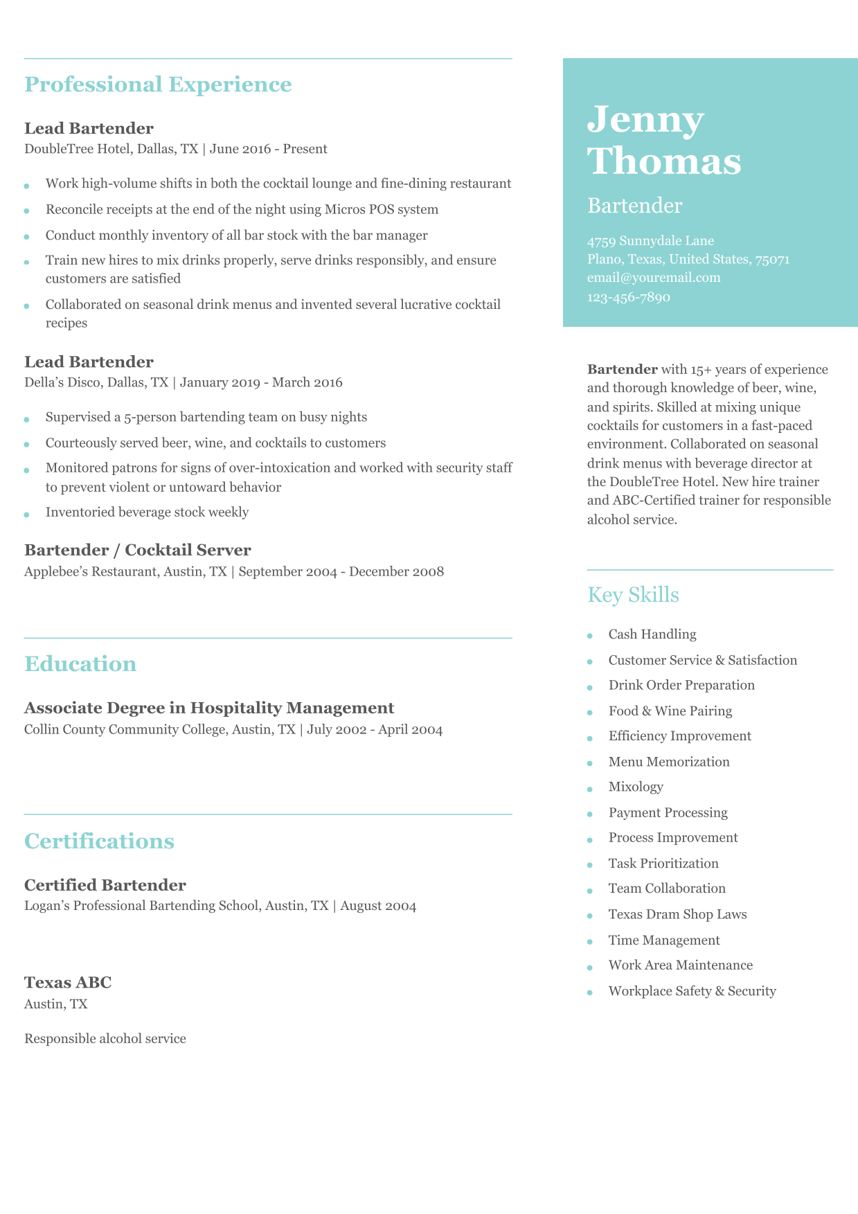 Senior-Level Bartender Resume Example