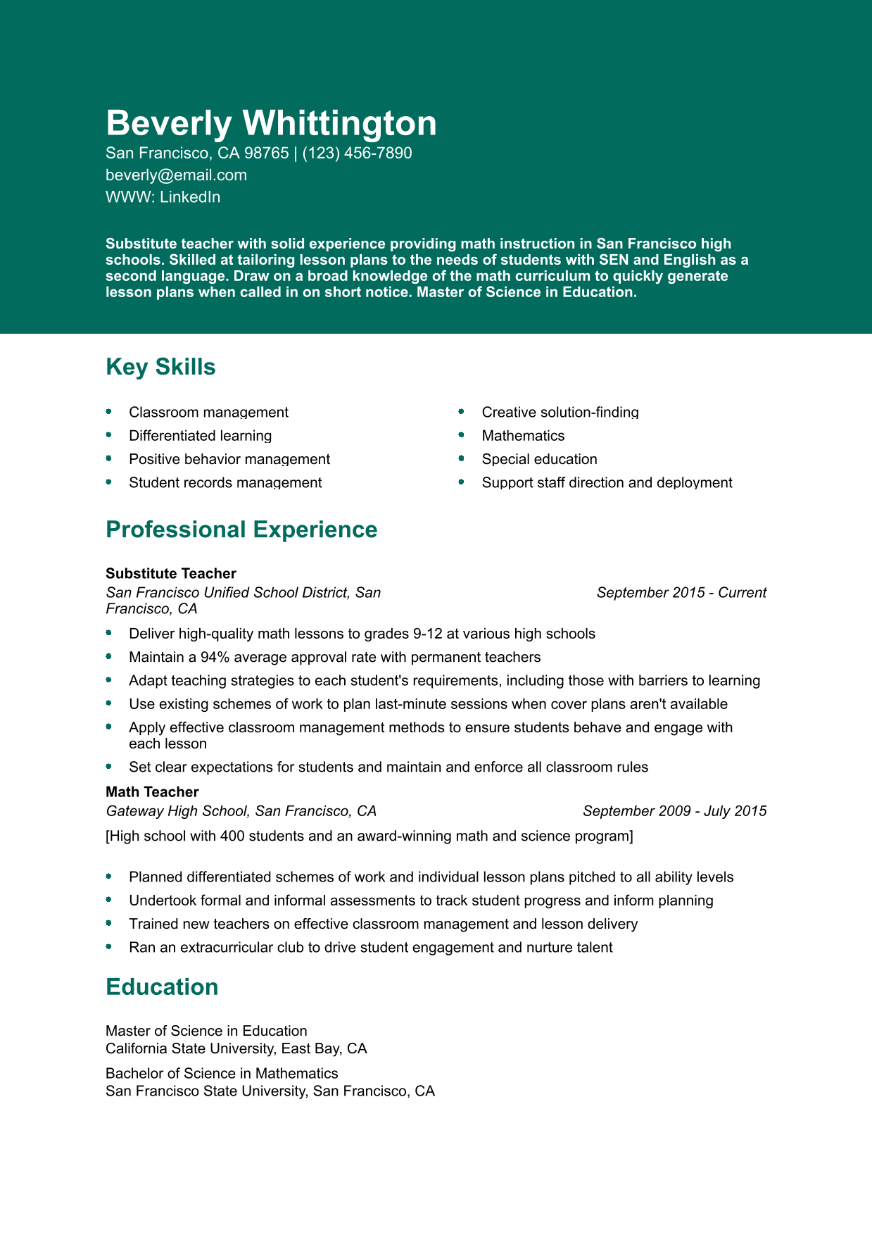 Senior-Level Substitute Teacher Resume Example