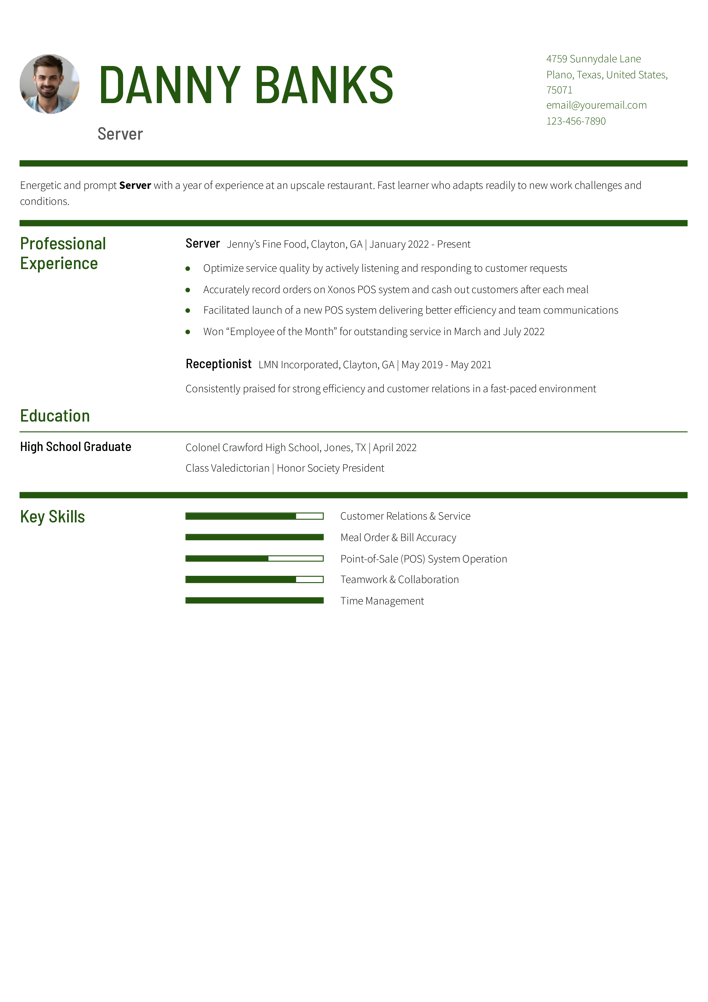 Server Resume Example