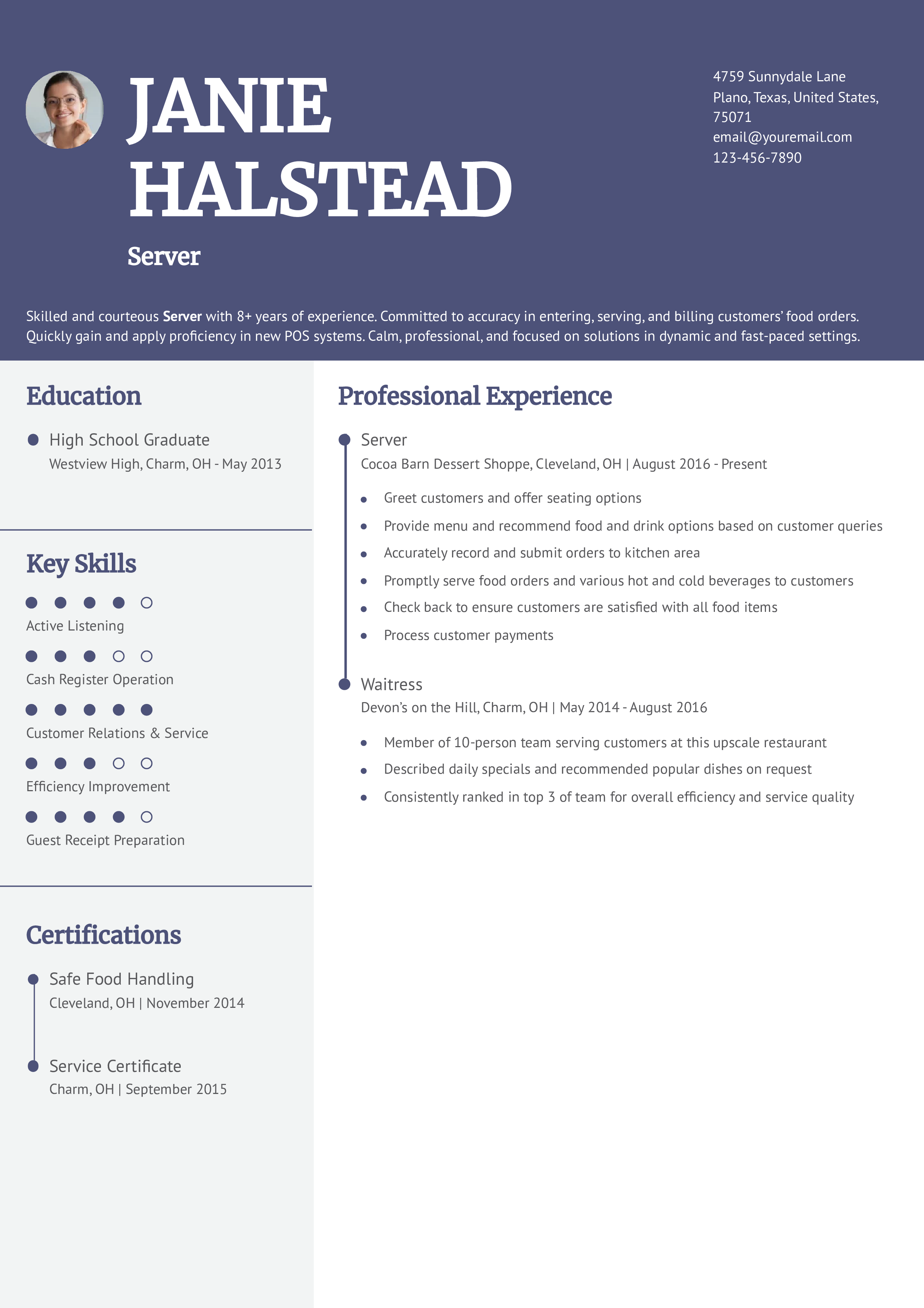 Dessert Server Resume Example