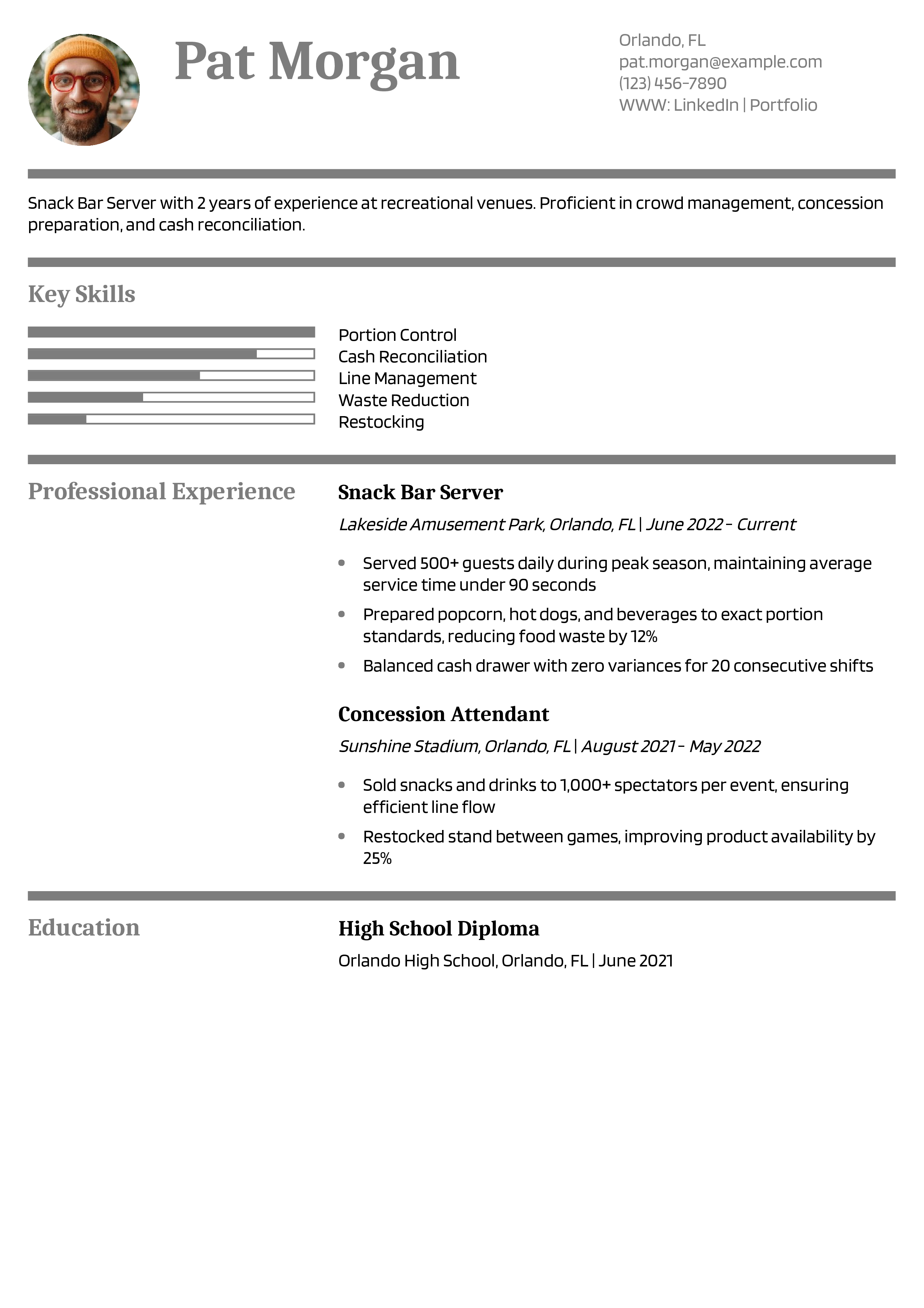 Snack Bar Server Resume
