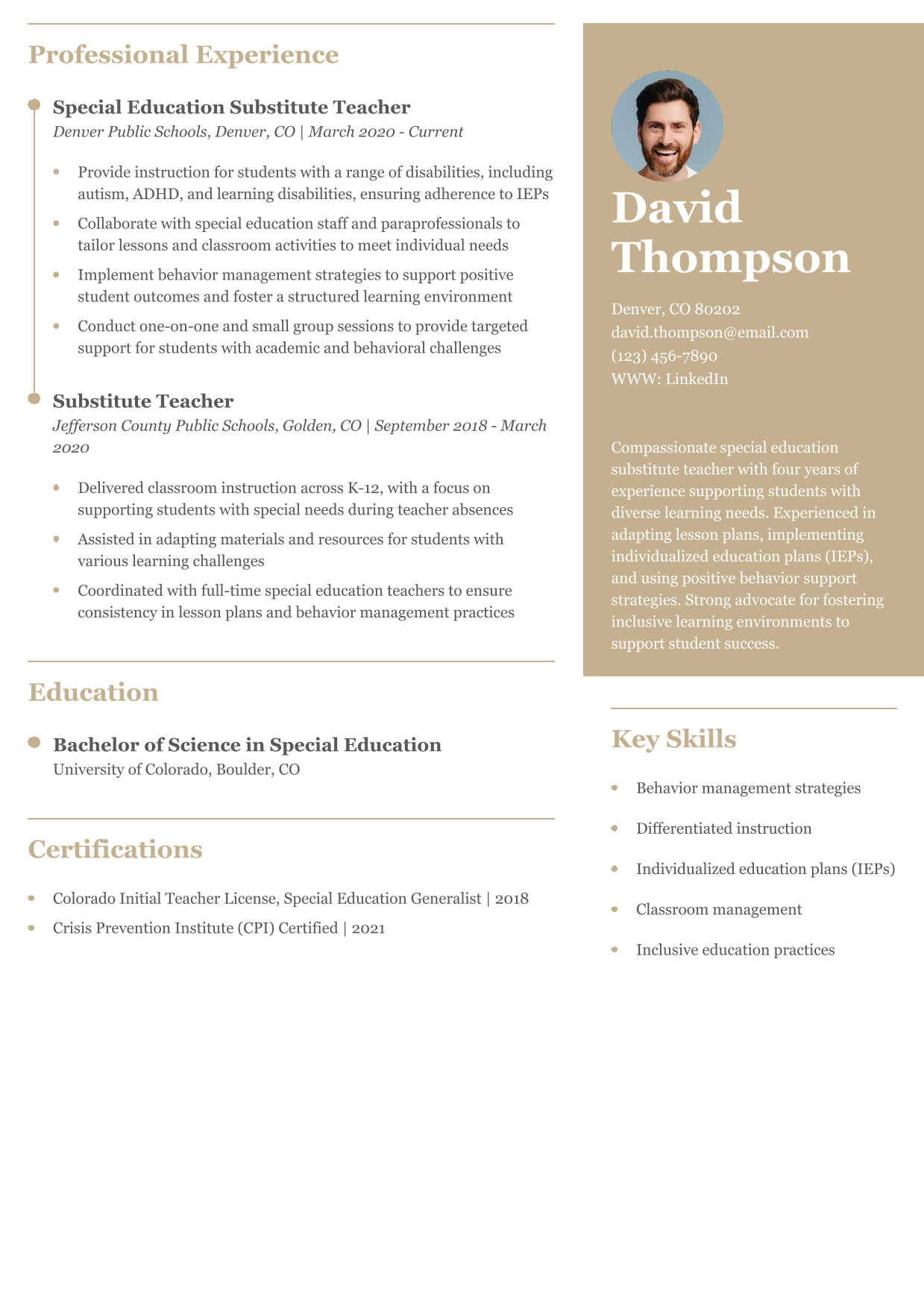 Special Education Substitute Teacher Resume Example