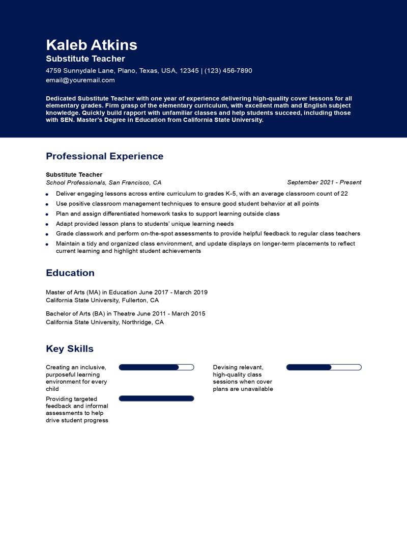 Substitute Teacher Resume Examples and Templates for 2025