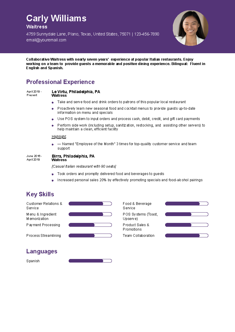 Waiter/Waitress Resume Example