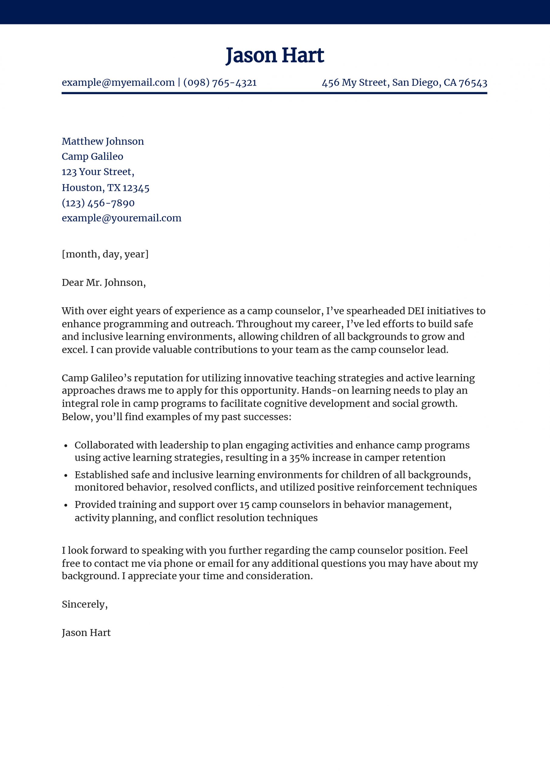 Camp Counselor Cover Letter Examples and Templates for 2025