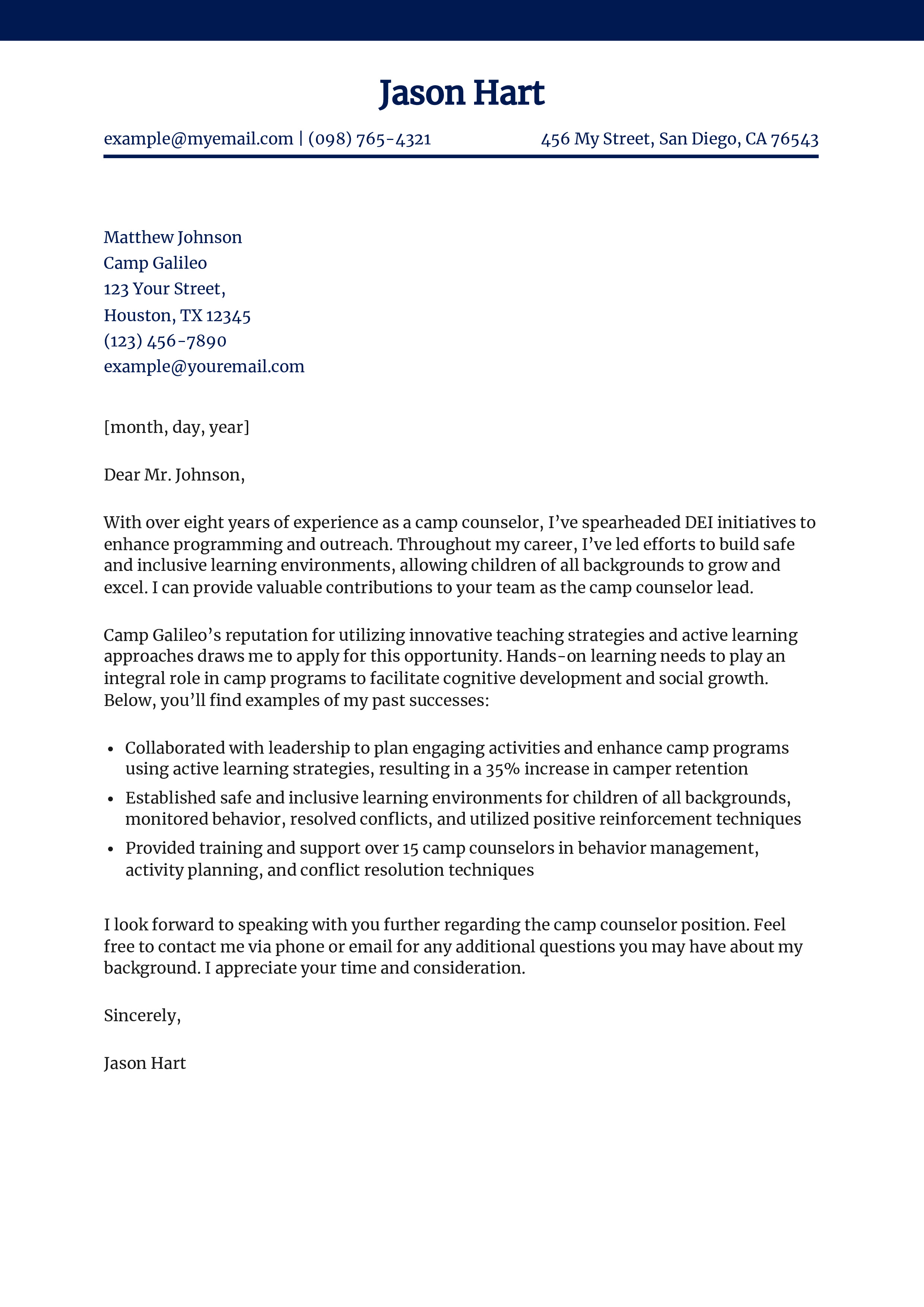 Educational Camp Counselor Cover Letter