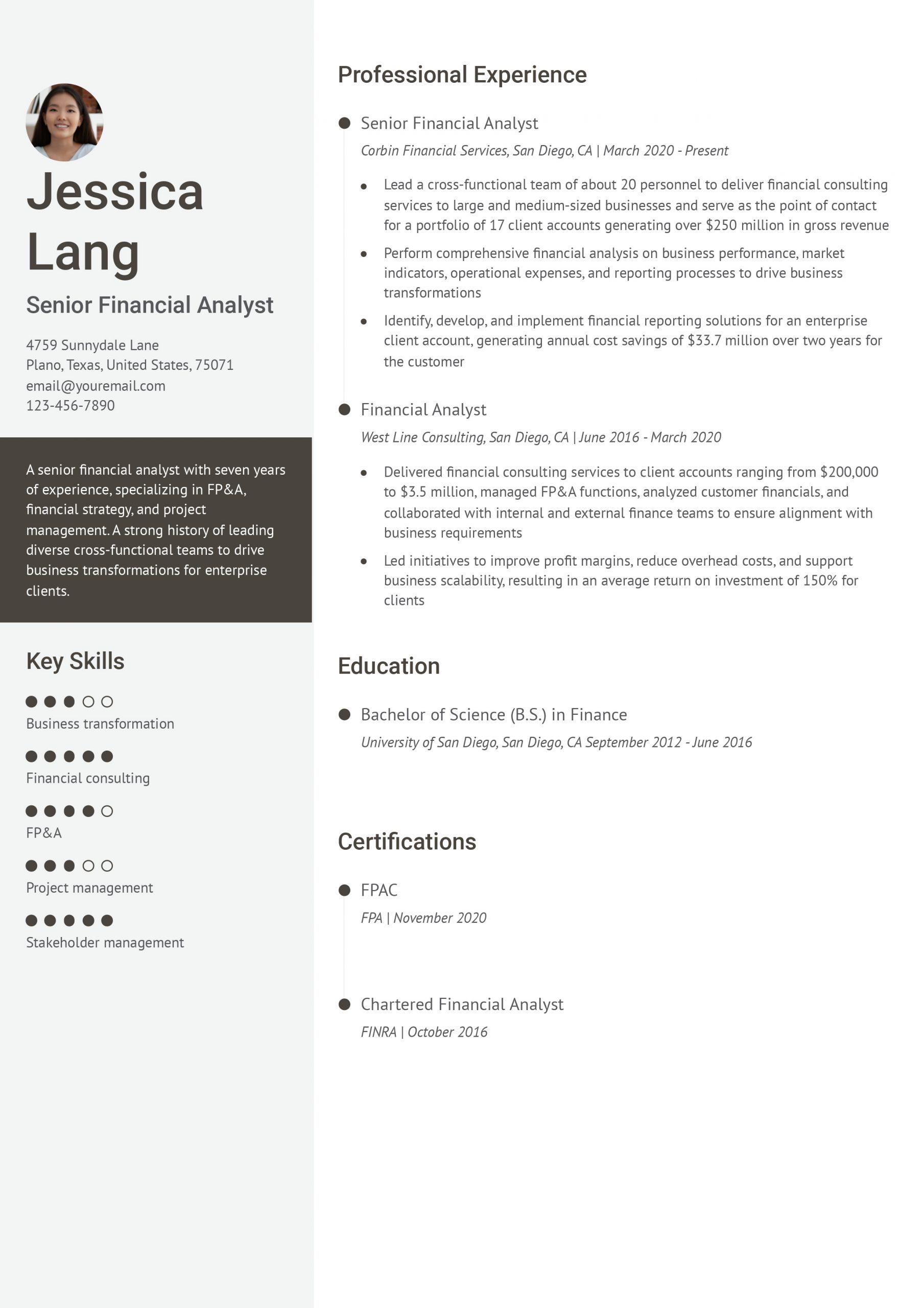 Financial Planning and Analysis (FPA) Resume Example
