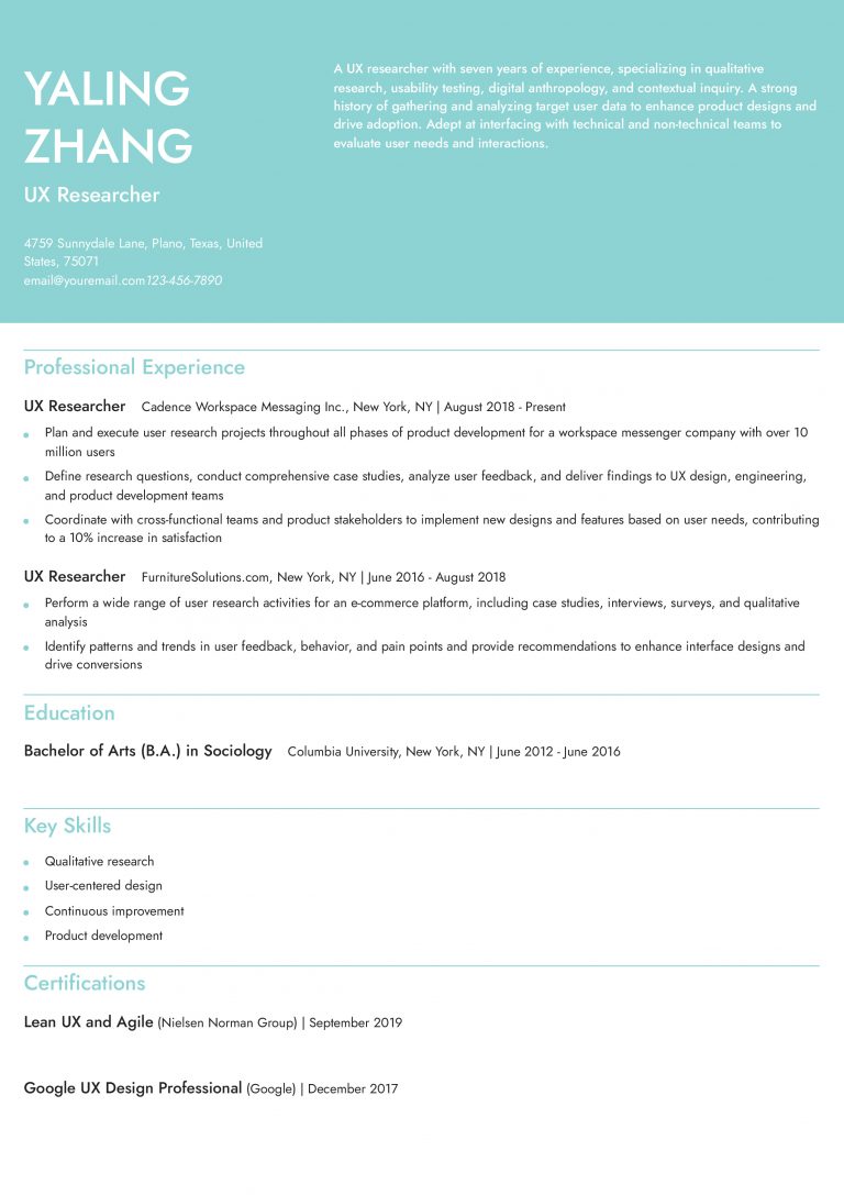User Experience Researcher Resume - User Experience Researcher Mid Level 768x1087