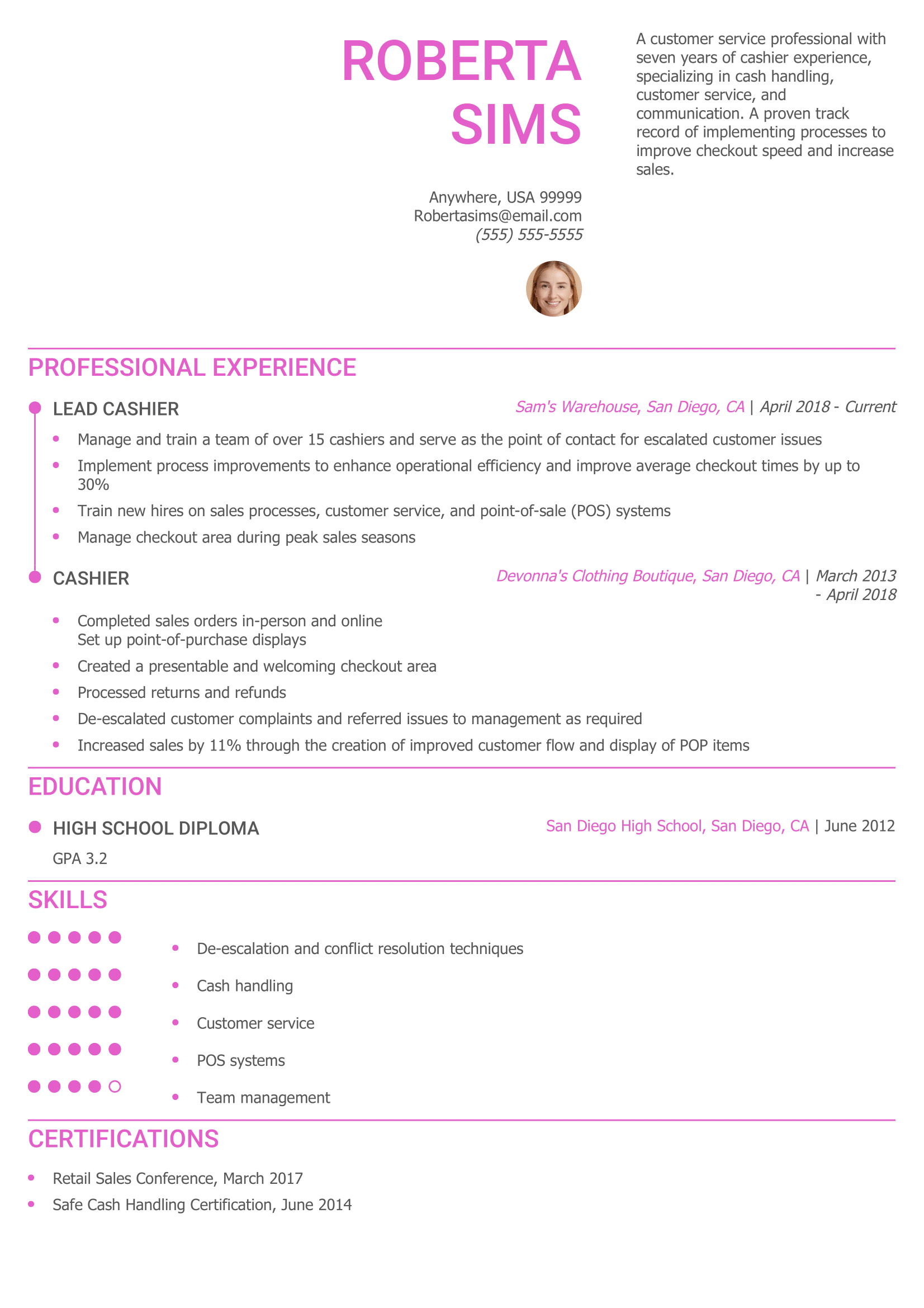Cashier Resume Example
