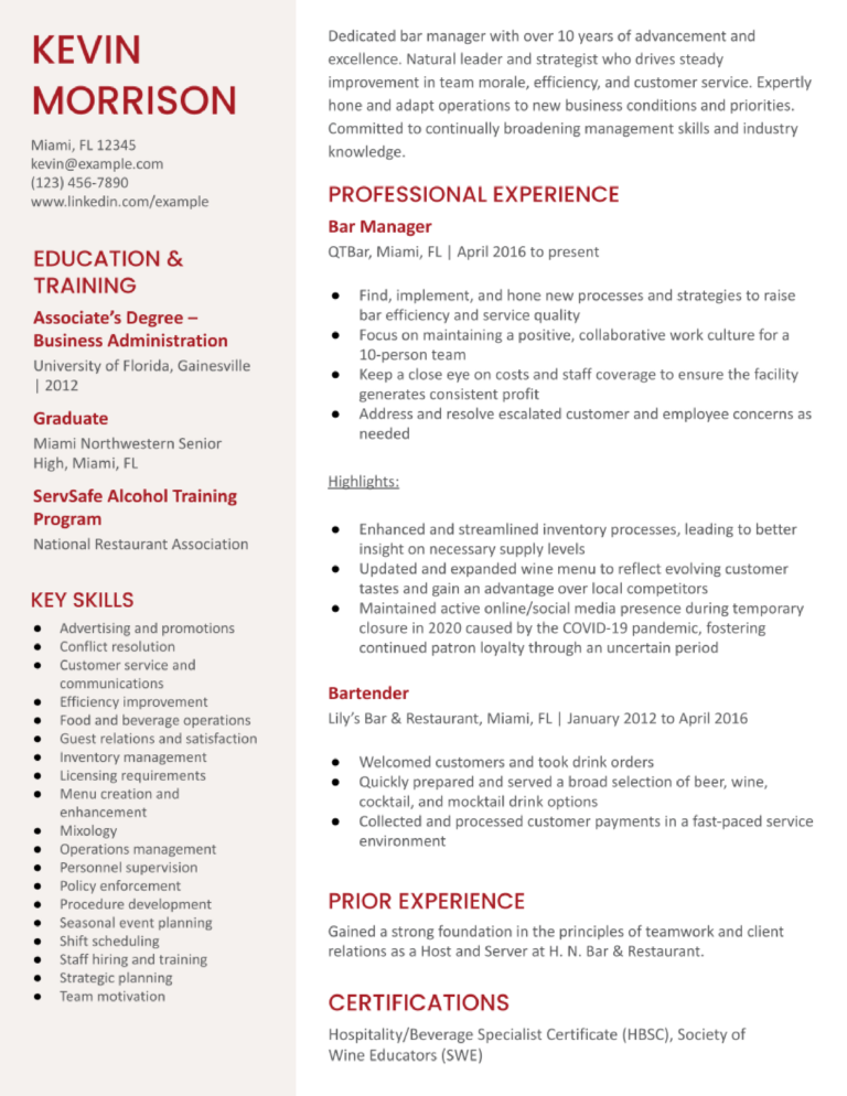 Bar Manager Resume Examples and Templates for 2024