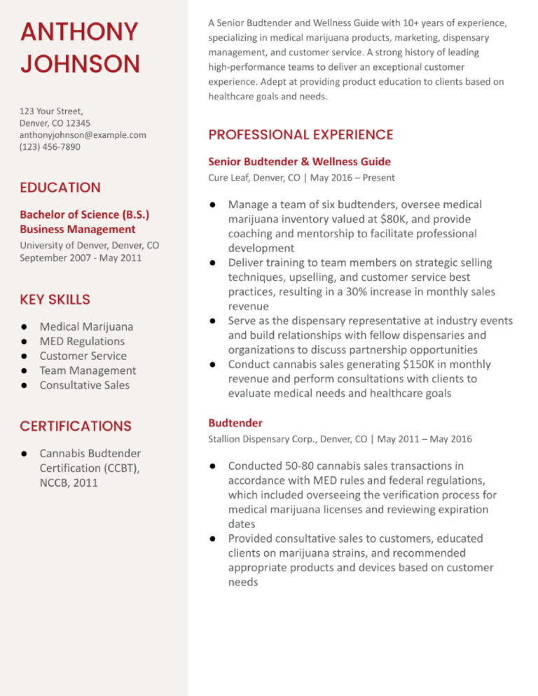 Budtender Resume Examples and Templates - Budtender Resume Examples And Templates Banner Image 768x994 
