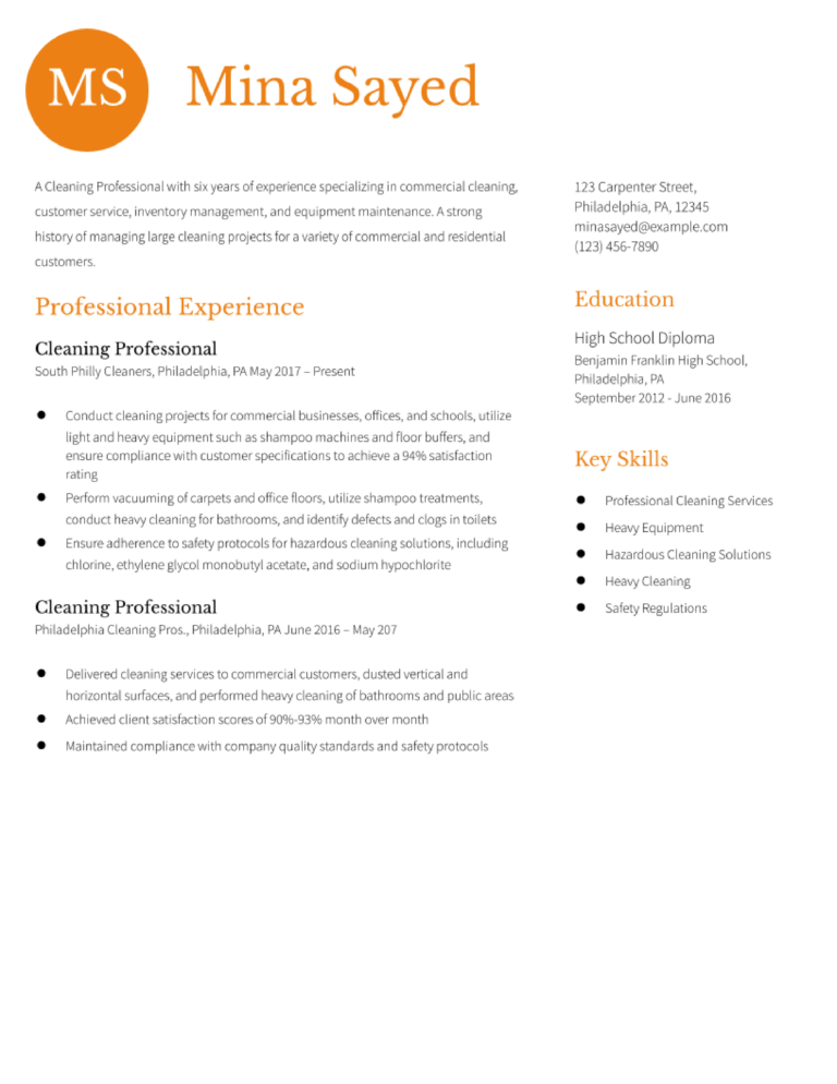 Cleaning Professional Resume Examples and Templates for 2024
