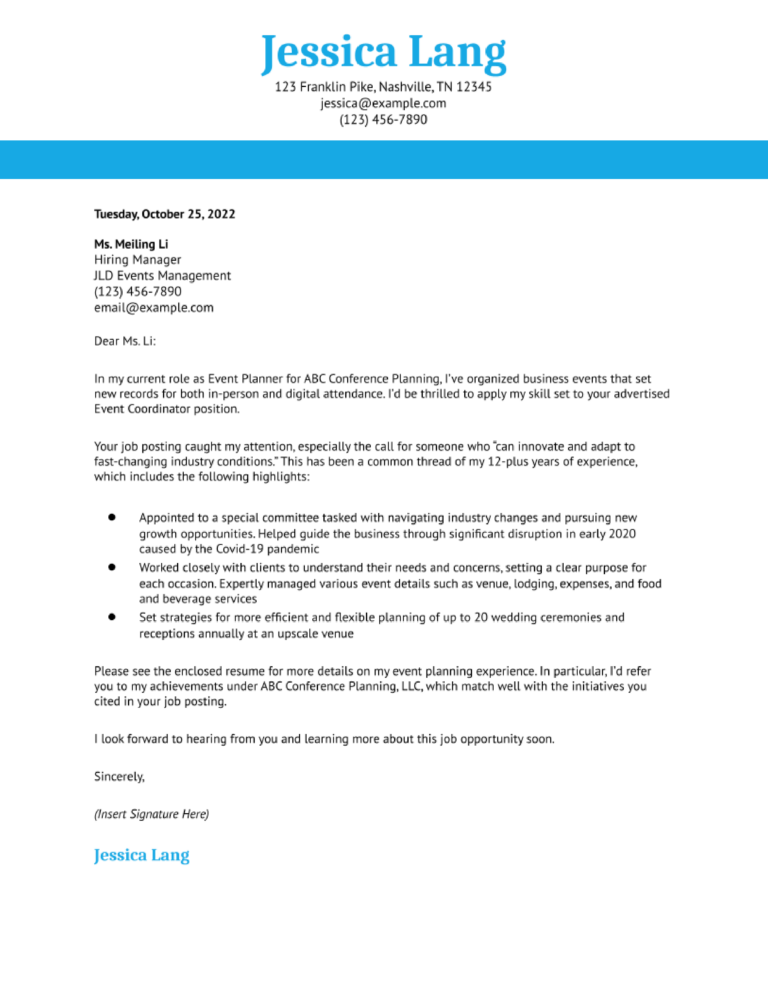 Event Planner Cover Letter Examples and Templates for 2024