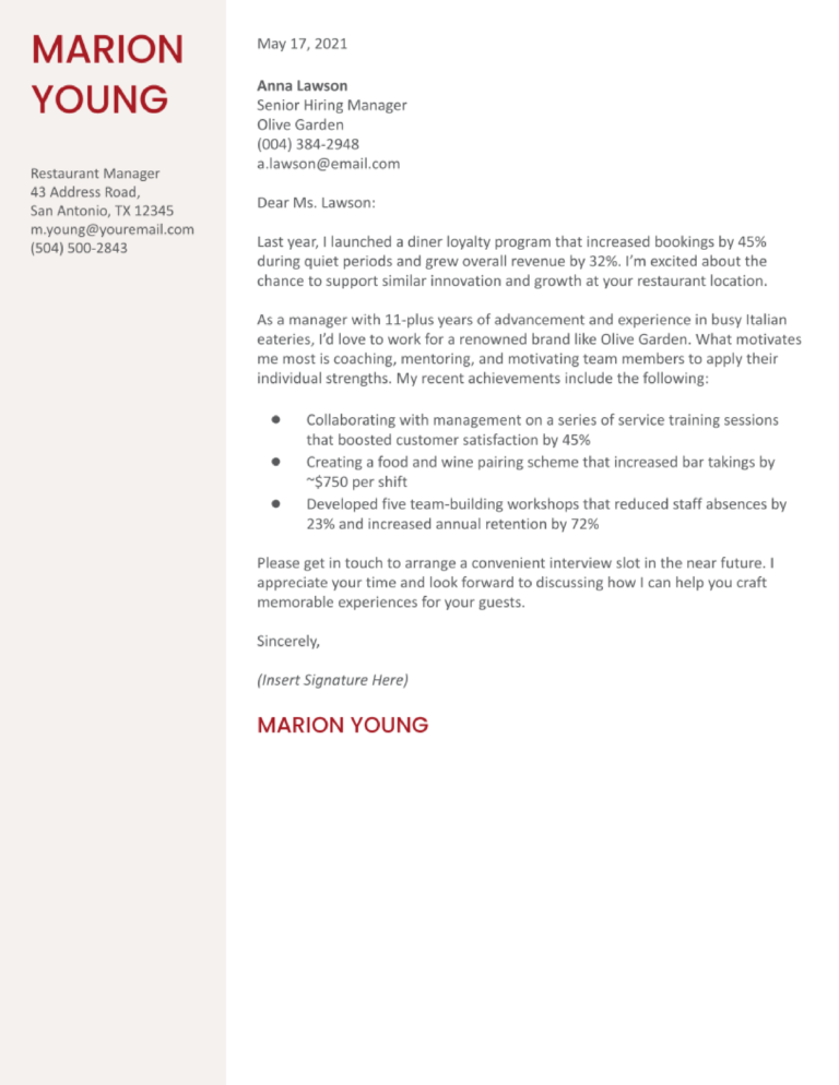 Food Service Cover Letter Examples and Templates for 2024