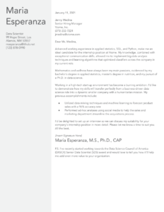 Internship Cover Letter Example