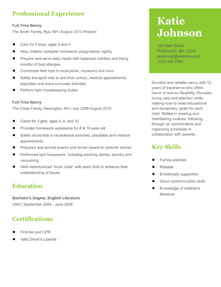 Nanny Resume Examples and Templates for 2024 - ResumeBuilder.com