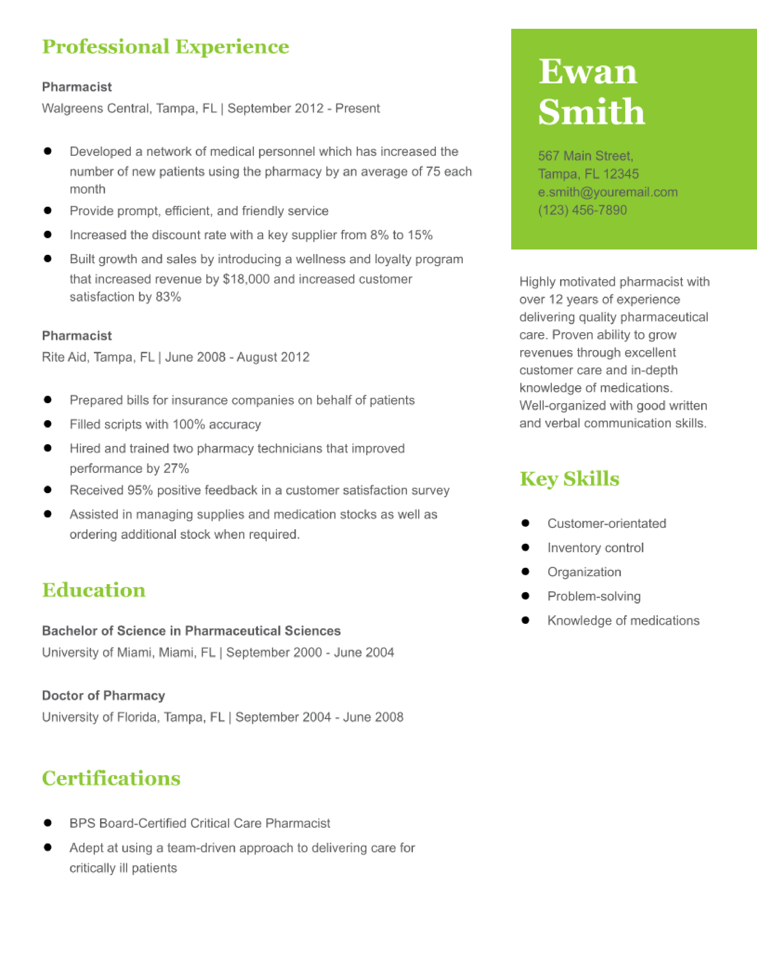 Pharmacist resume example