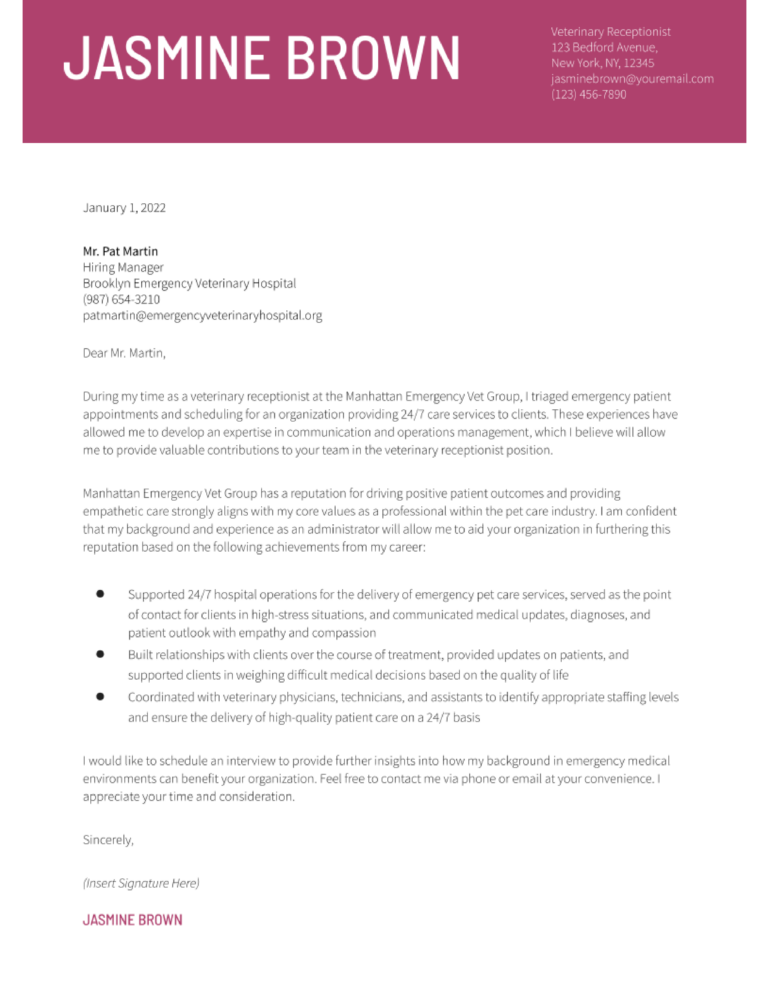 Veterinary Receptionist Cover Letter Examples and Templates for 2024