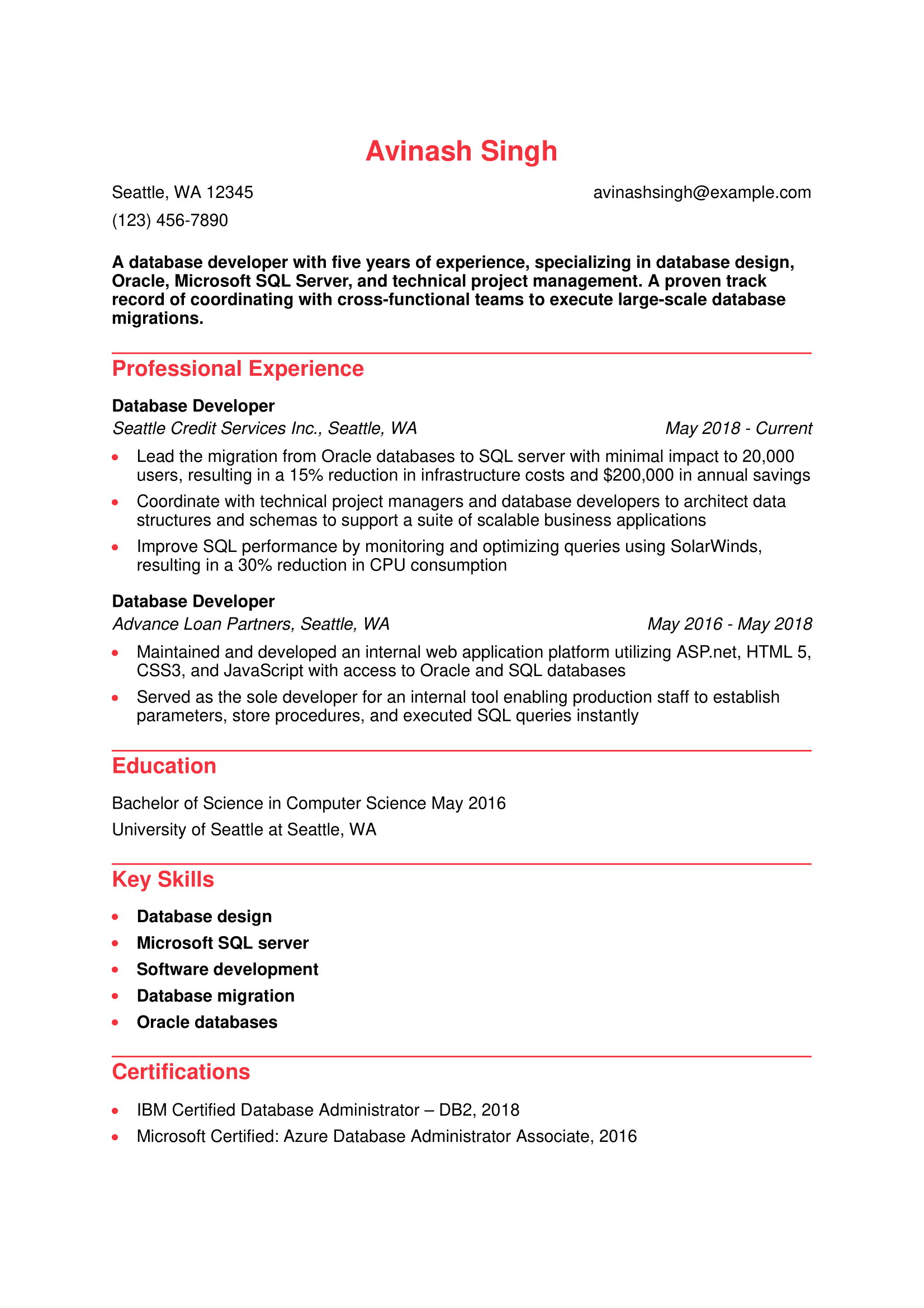 Database Developer Word Resume Example
