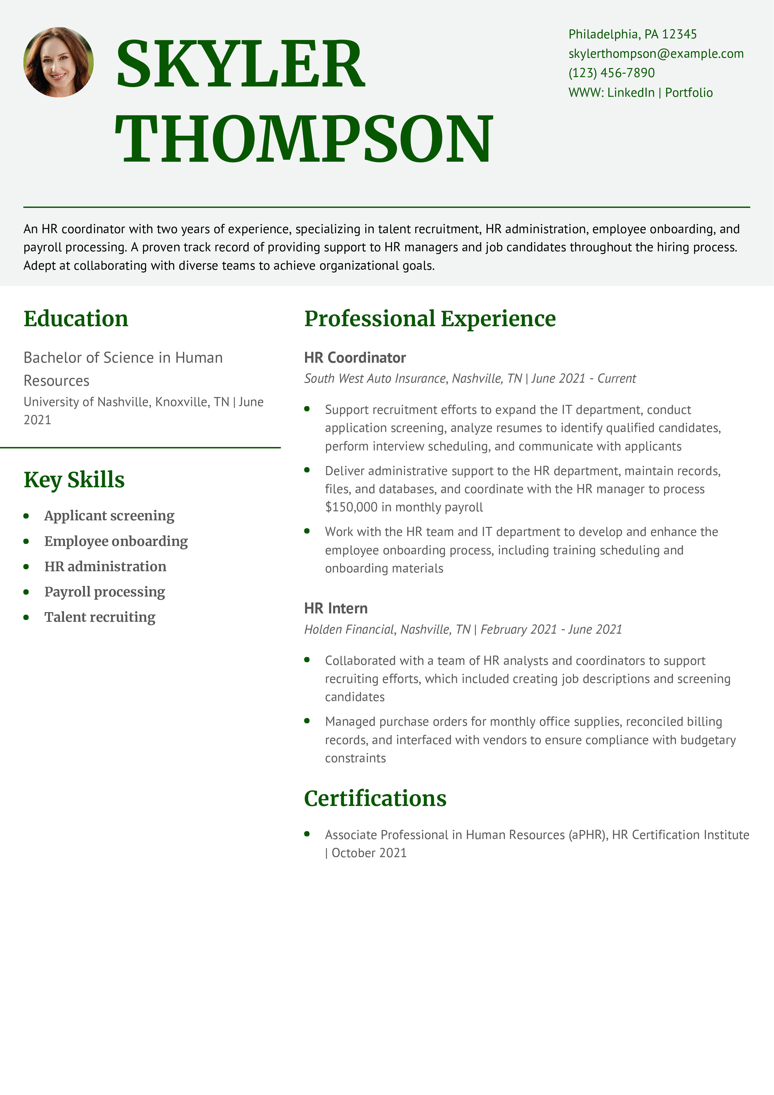 HR Coordinator Word Resume Example