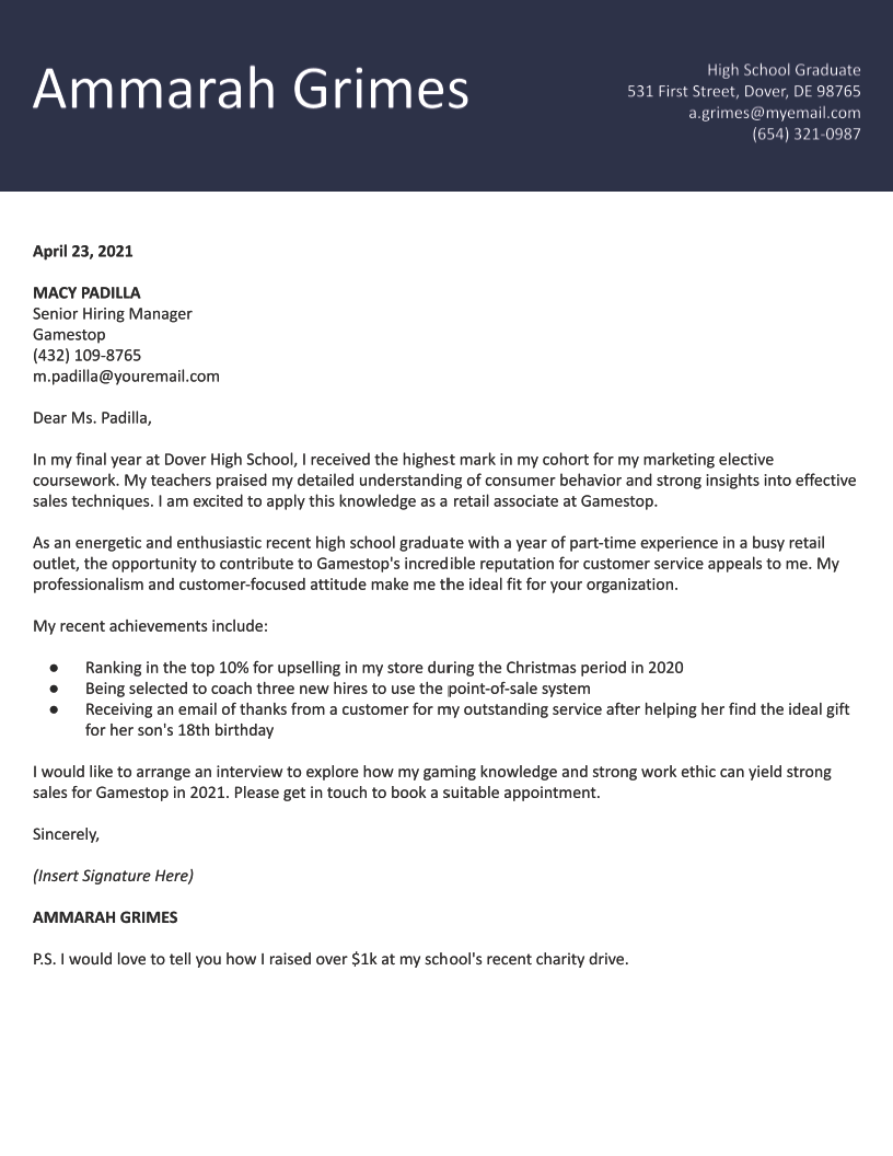 High School Cover Letter Example