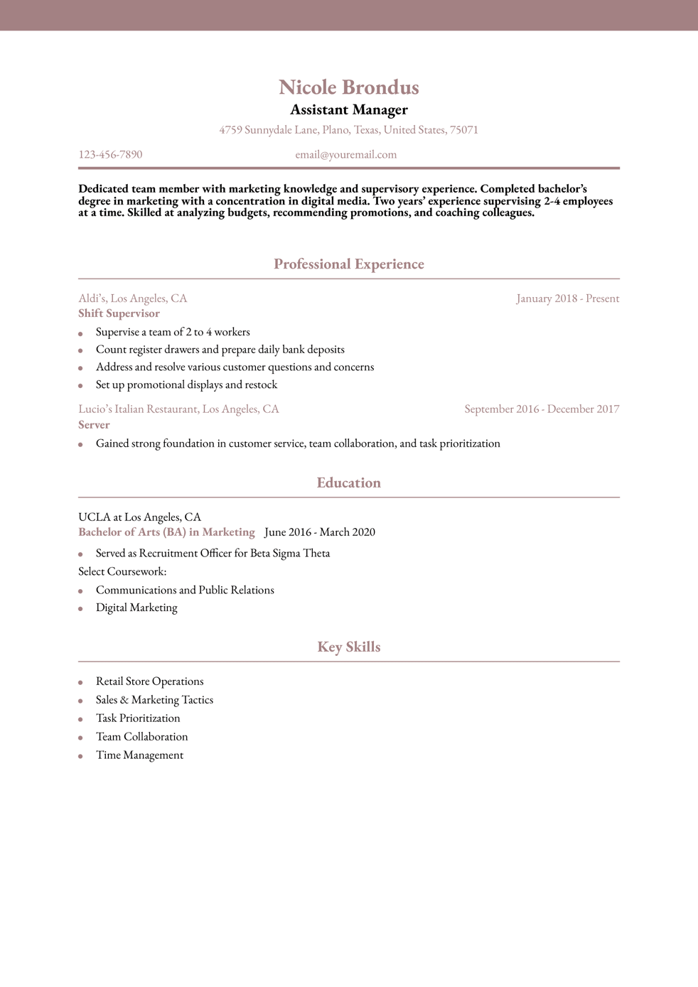 Entry-Level Assistant Manager Resume Example