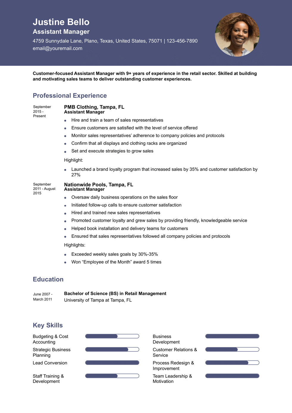 Experienced-Level Assistant Manager Resume Example