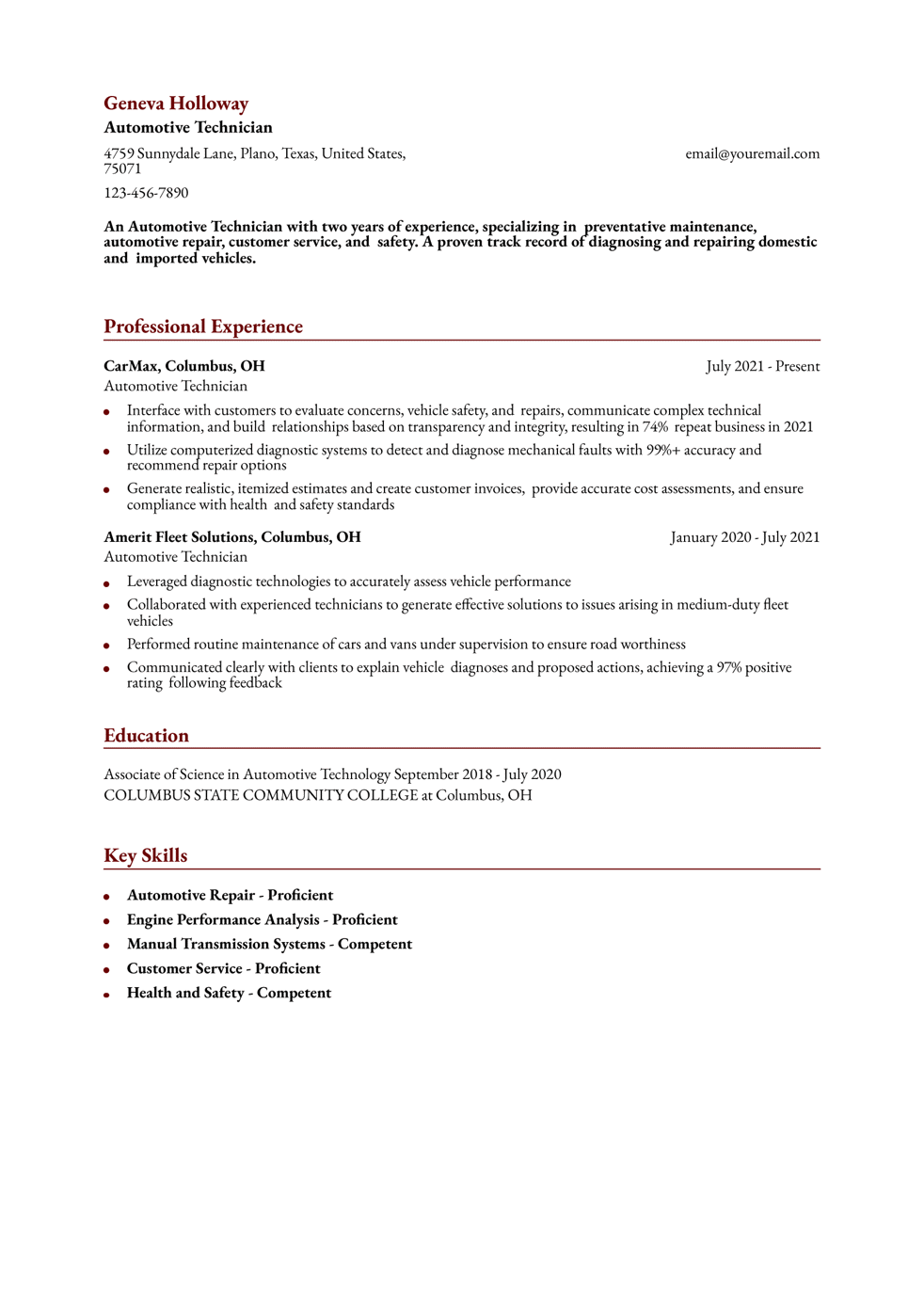 Entry-Level Automotive Technician Resume Example