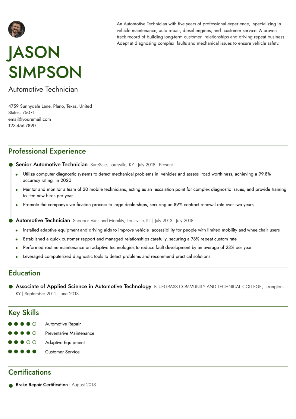Mid-Level Automotive Technician Resume Example