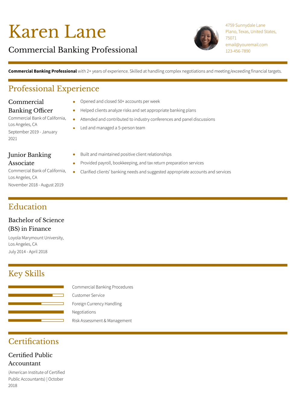 Entry-Level Banking Resume Example