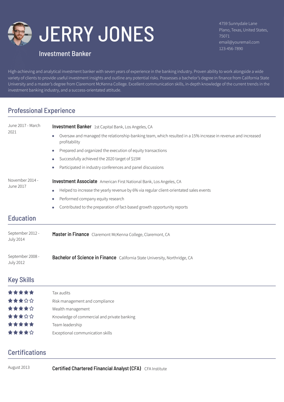 Experienced Banking Resume Example
