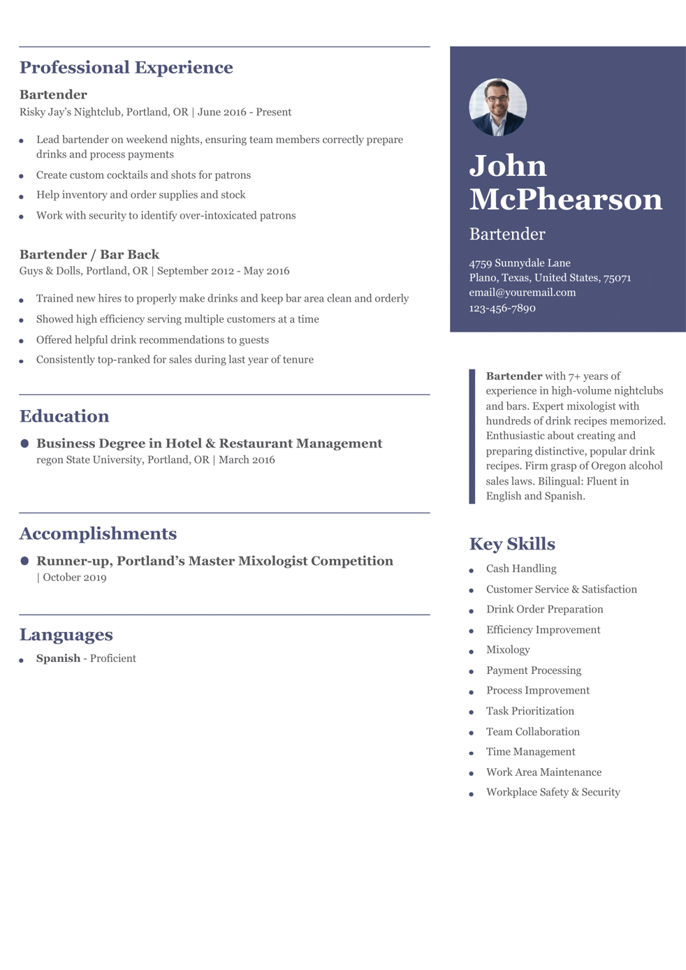 Bartender Resume Example