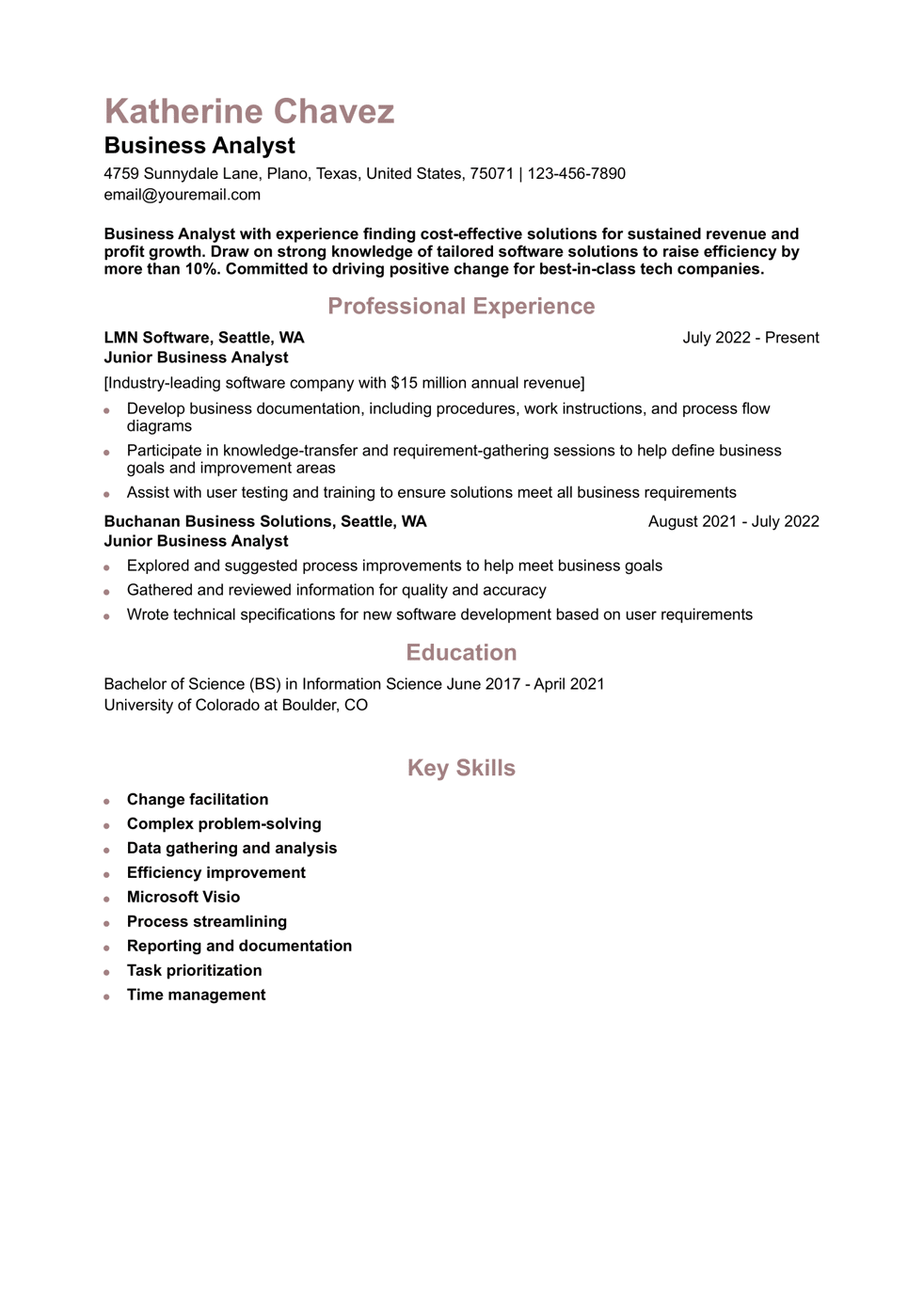 Entry-Level Business Analyst Resume Example