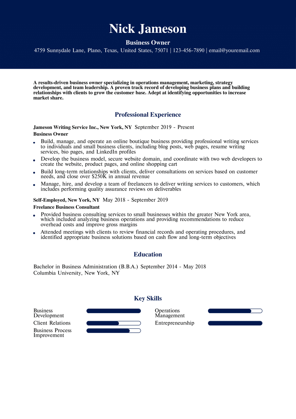 Business Owner Resume Example